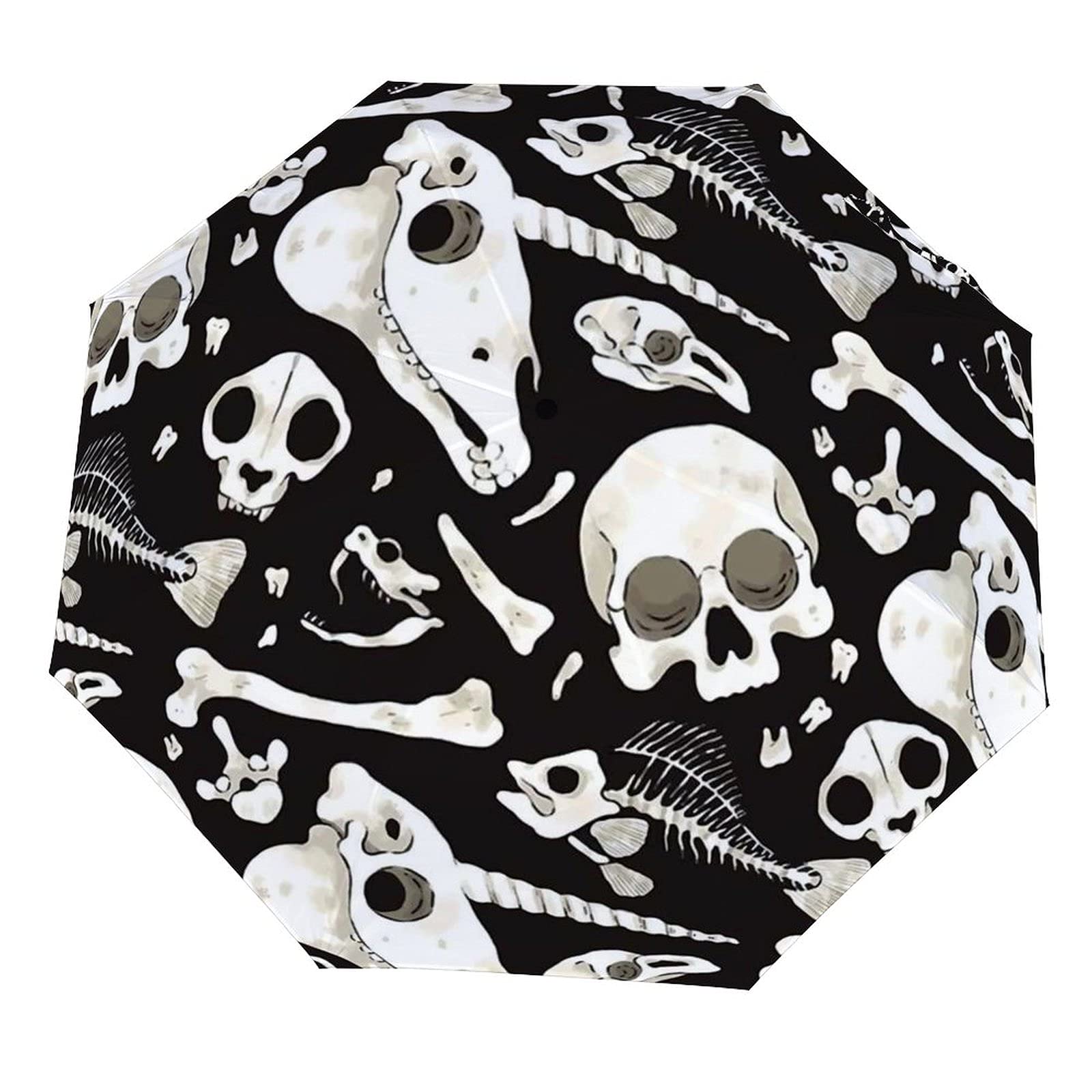 FunnyStar Black Skulls & Bones Windproof Travel Umbrella - Auto Open/Close, UV Protection, Compact 3-Fold Design for Rain & Sun Protection | Perfect for Outdoor Adventures, Commuting, and Travel