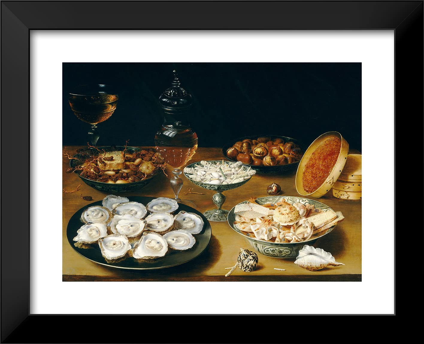 Osias Beert 'Dishes With Oysters and Fruit and Wine' 24x20 Inch Black Modern Framed Art Print - Perfect for Dining Room, Kitchen Decor & Contemporary Home Wall Art