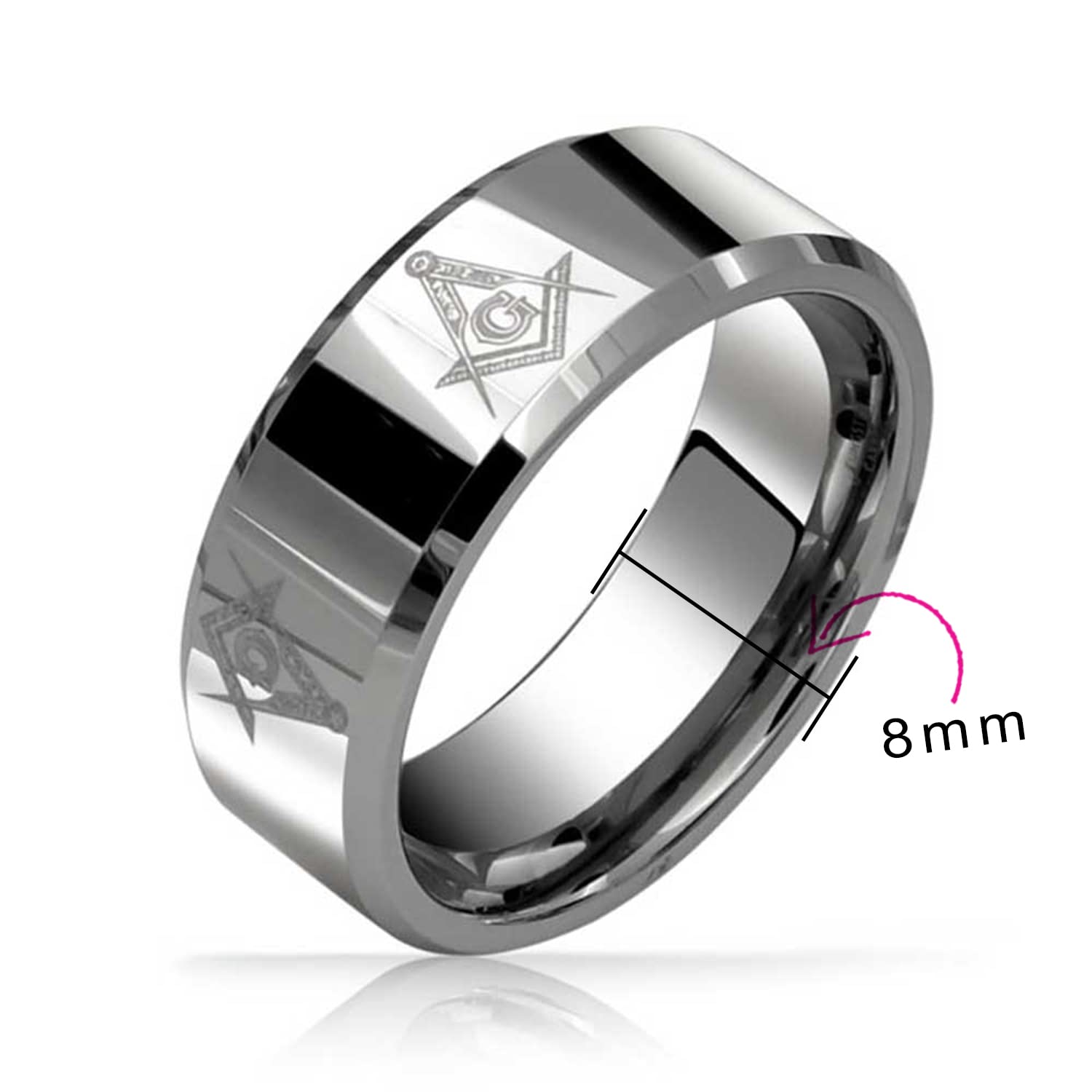 Freemason Masonic Titanium Wedding Band Ring for Men - Square & Compass Symbol, Polished Silver Tone, Comfort Fit 8MM - Durable & Hypoallergenic Jewelry for Grooms, Best Man Gifts & Fraternal Events