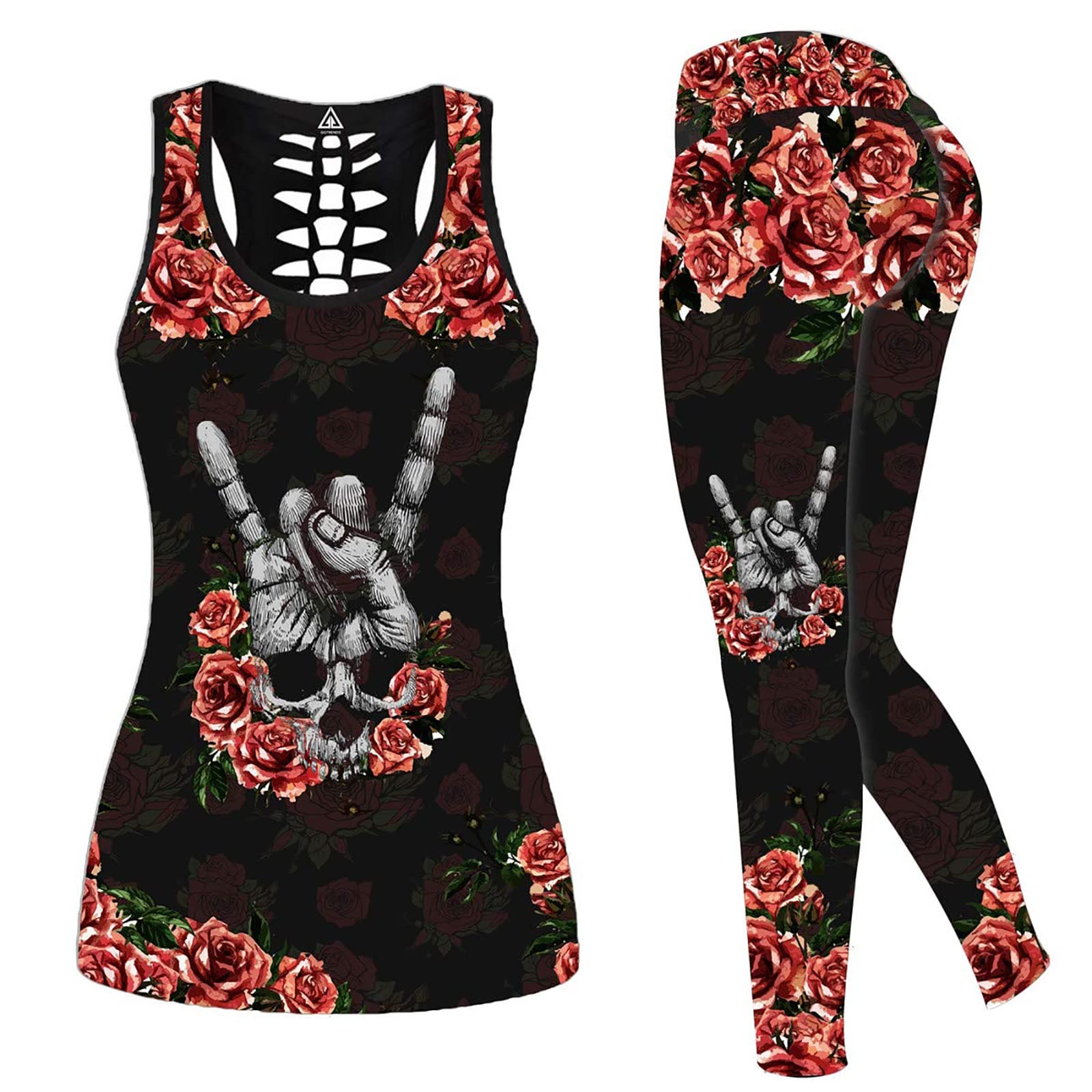 Women's Rose Skull & Sunflower Print Yoga Set - High Waisted Leggings & Hollow Out Tank Top for Fitness, Gym & Workout | Perfect for Yoga, Running & Casual Wear