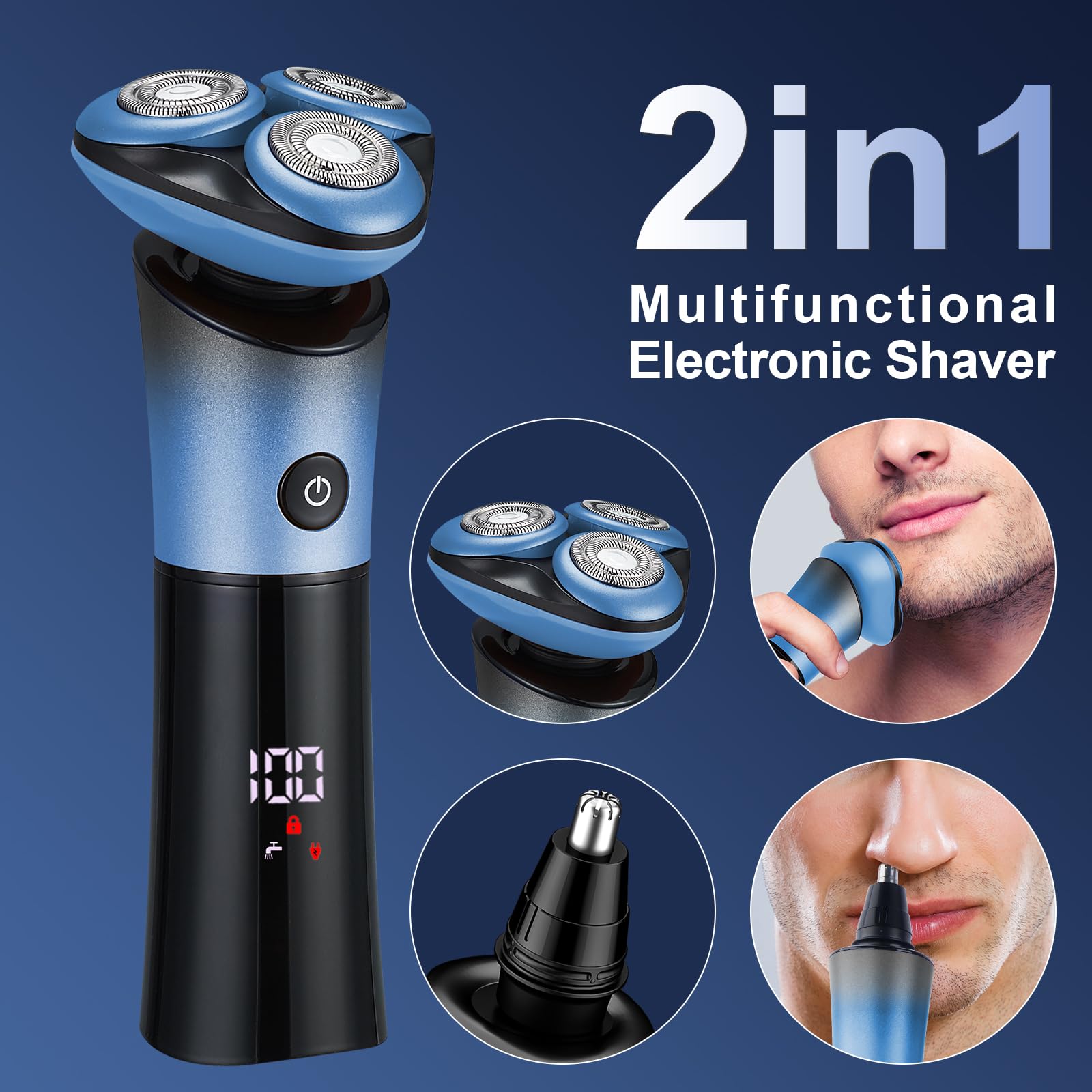 Men's Electric Razor - SOPPY Cordless Rechargeable Wet/Dry Shaver with 360° Magnetic Head, IPX7 Waterproof for Smooth Shaving | Perfect Gift for Husband, Dad (Birthday, Christmas) | Ideal for Travel, Gym & Daily Use - Blue