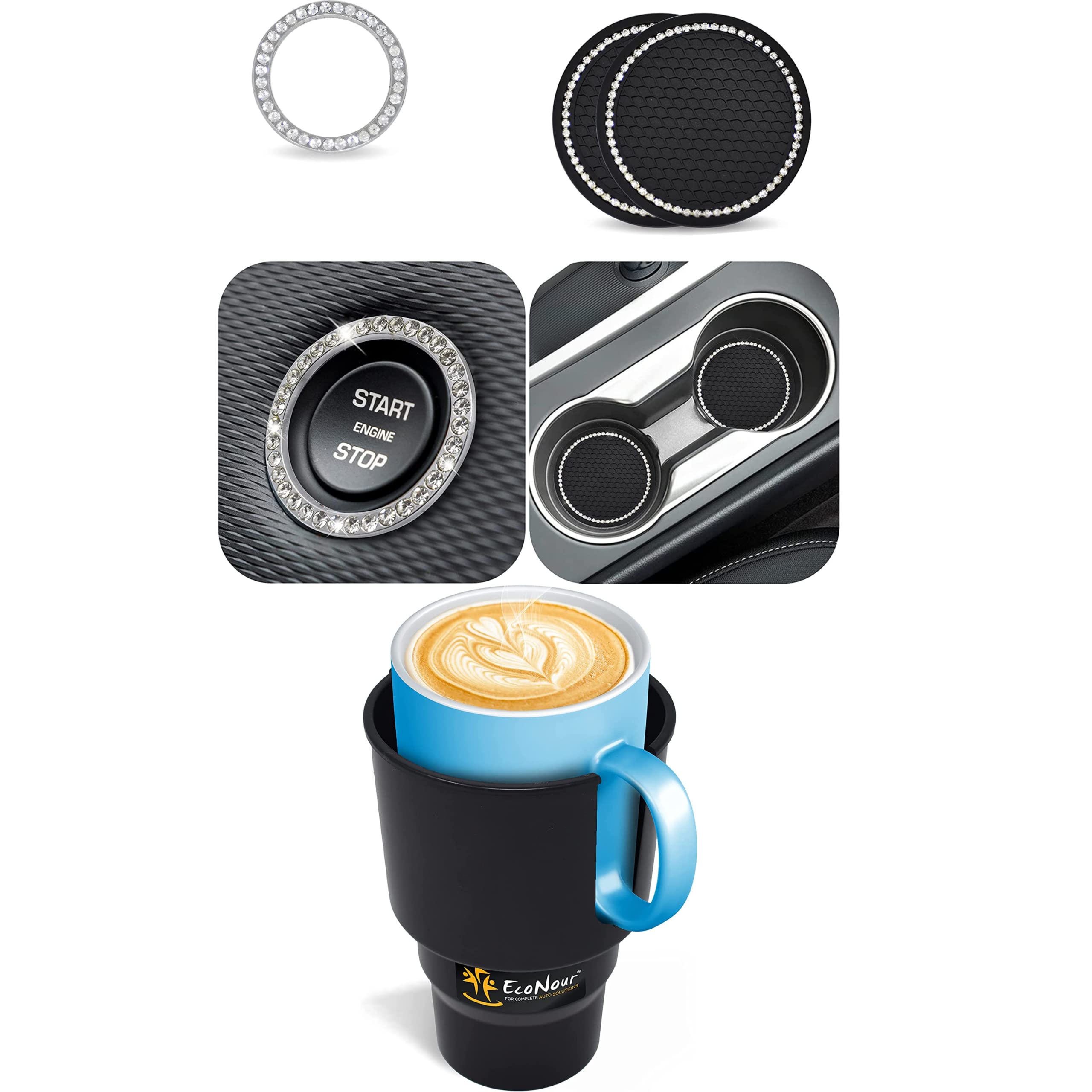 EcoNour Car Cup Holder Expander & Coaster Set (2 Pack) with Push Start Button - Stable Automotive Accessory for Travel, Commuting & Road Trips