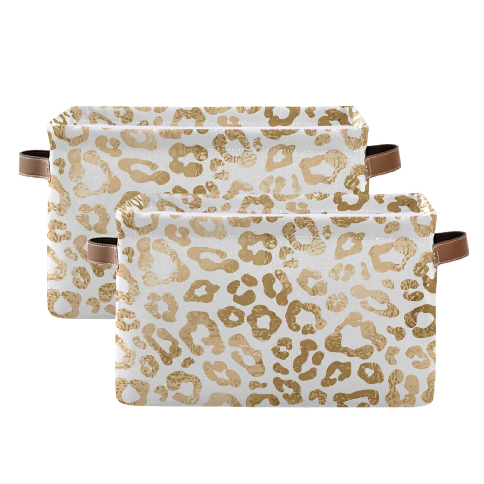 Golden Leopard Print Collapsible Storage Basket with Leather Handles - Foldable Rectangular Storage Bin for Home Organization, Office Supplies & Closet Storage | Perfect for Bedroom, Bathroom & Laundry Room Organization