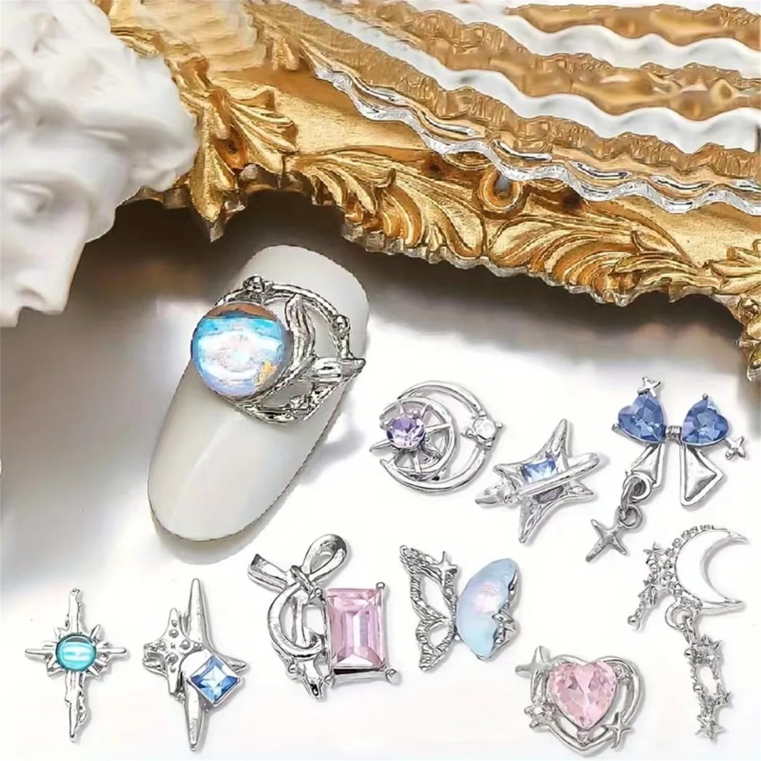 16 Styles Cute Moon & Star Y2K Nail Charms - Silver Alloy Luxury Dangle Charms for Acrylic Nails, Nail Gems & Rhinestones - Shiny Crystal Metal Nail Art Jewelry Supplies for DIY Manicure - Perfect for Parties, Weddings & Salon Nail Designs