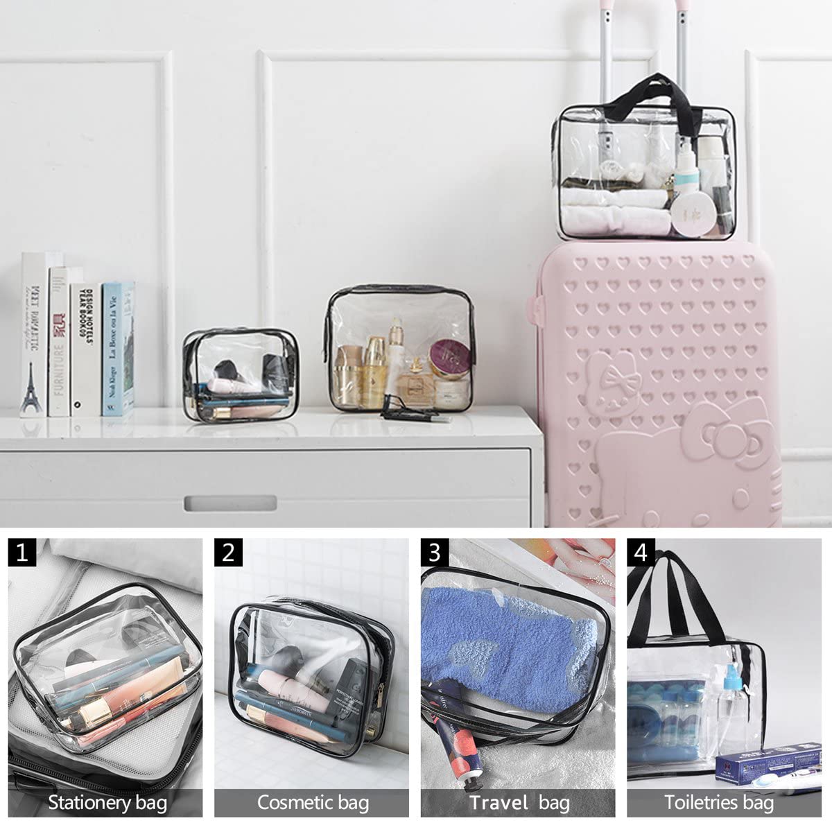3Pcs Clear PVC Travel Toiletry Bag Set for Women & Men - Waterproof Cosmetic Organizer with Zipper & Handle Straps - TSA Approved Makeup Pouch for Carry-On Luggage, Airplane, Gym & Vacation Essentials