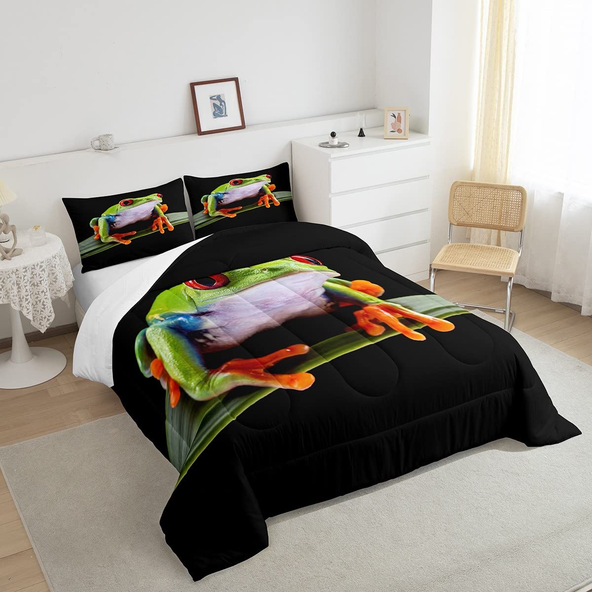 3D Frog Print Comforter Set Full Size - Tropical Amphibian Quilted Duvet Cover with 2 Pillowcases | Animal Themed Bedding for Teens, Boys & Kids | Botanical Pattern Home Decor | Perfect for Jungle Themed Rooms & Nature Lovers