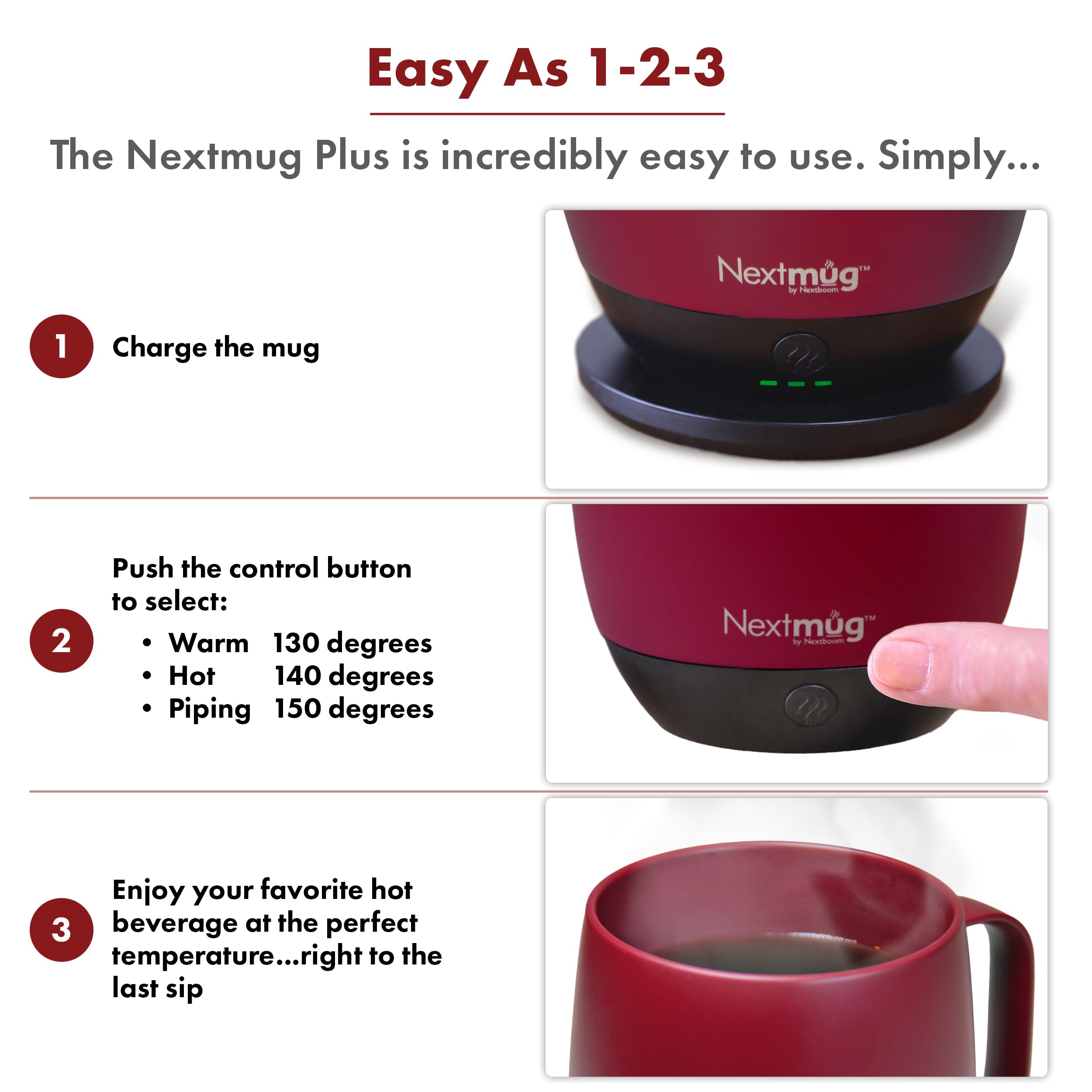 Nextmug Plus - Smart Temperature-Controlled Self-Heating Coffee Mug with App Control (18oz, Burgundy) - Perfect for Office, Travel & Home Use