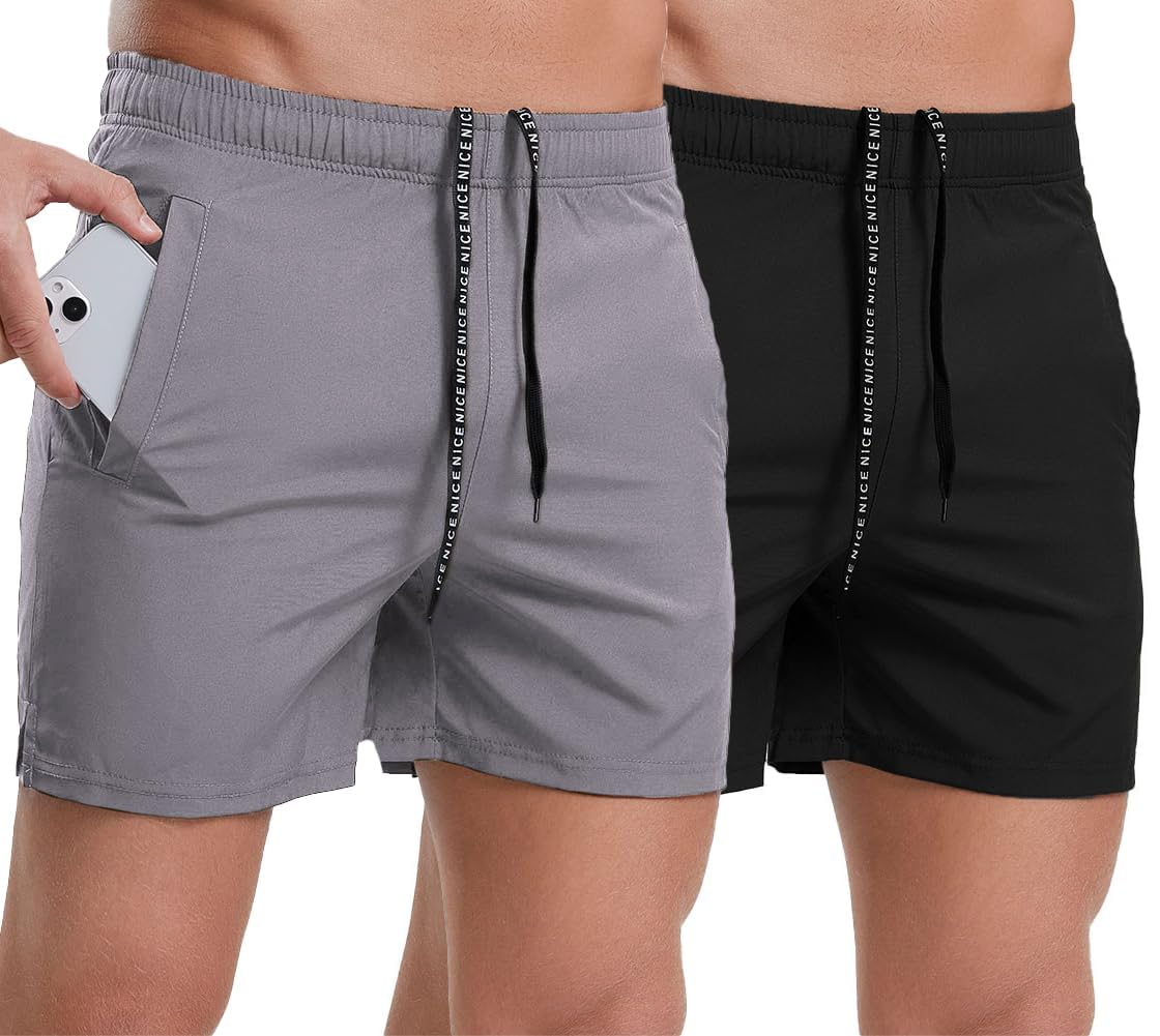 **A WATERWANG 2 Pack Men's 5-Inch Quick Dry Workout Shorts - Lightweight Gym & Running Shorts with Pockets for Training, Jogging & Active Lifestyle**