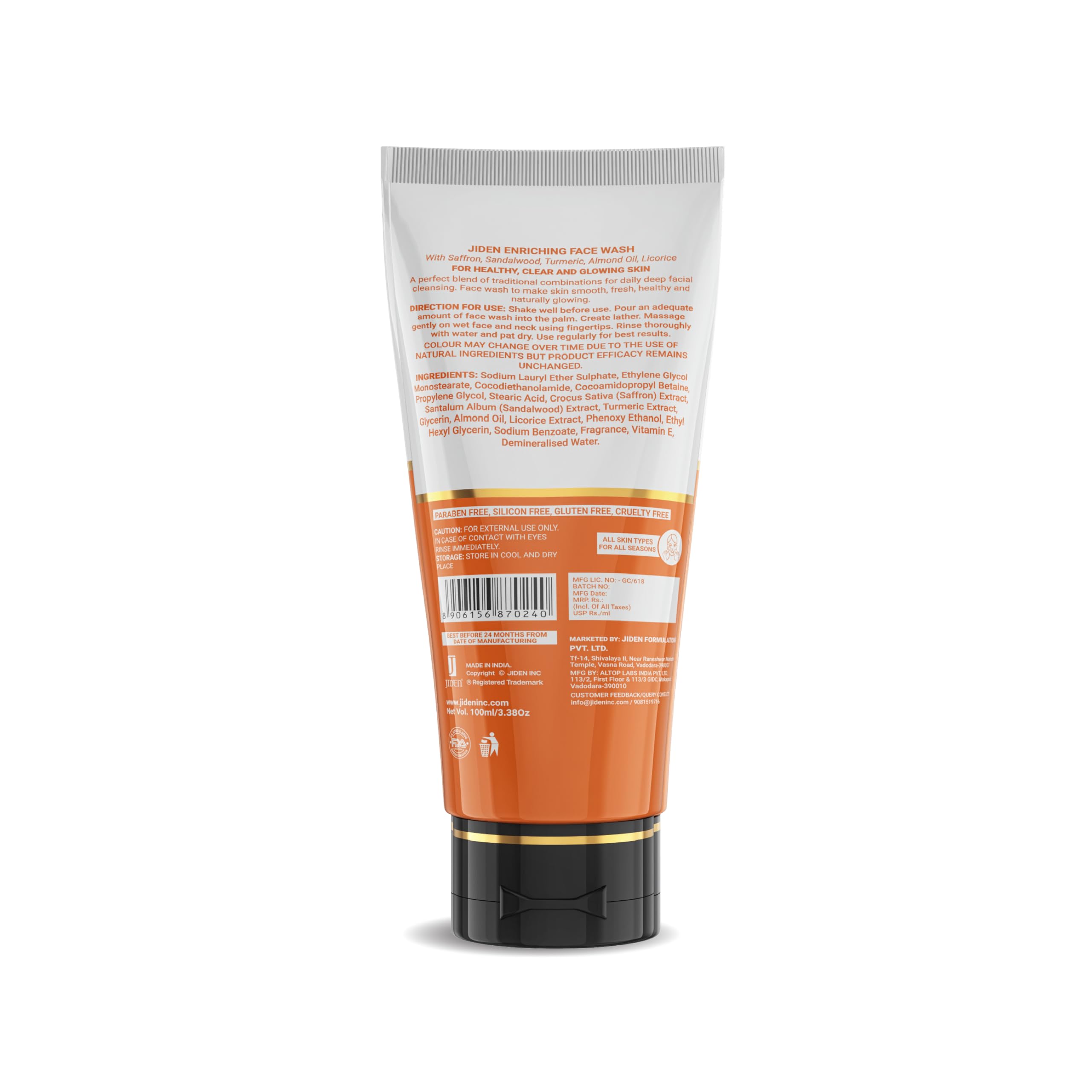 JIDEN Enriching Face Wash 100ml - Deep Cleansing with Vitamin E, Saffron, Sandalwood & Turmeric for Healthy Glowing Skin | Men & Women | All Skin Types | Daily Skincare & Acne Treatment