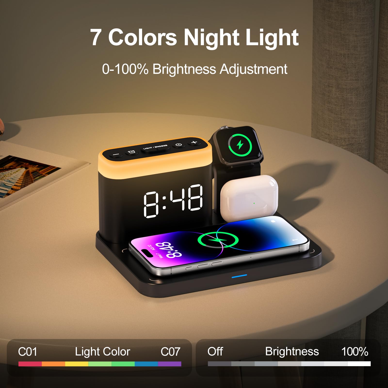 ANJANK 3-in-1 Wireless Charging Station with Alarm Clock, 7-Color Night Light & MagSafe Charger for iPhone 16/15/14/13/12/11 Pro Max Plus, Apple Watch 10/9/8/7/Ultra/SE & AirPods - Perfect for Bedside, Office & Travel Charging