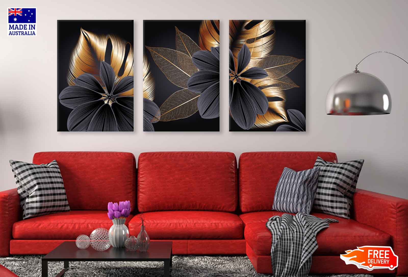 3-Piece Gold Floral Abstract Canvas Wall Art Set - High Quality Print, 100% Australian Made, Ready to Hang - Perfect for Living Room, Bedroom & Office Decor