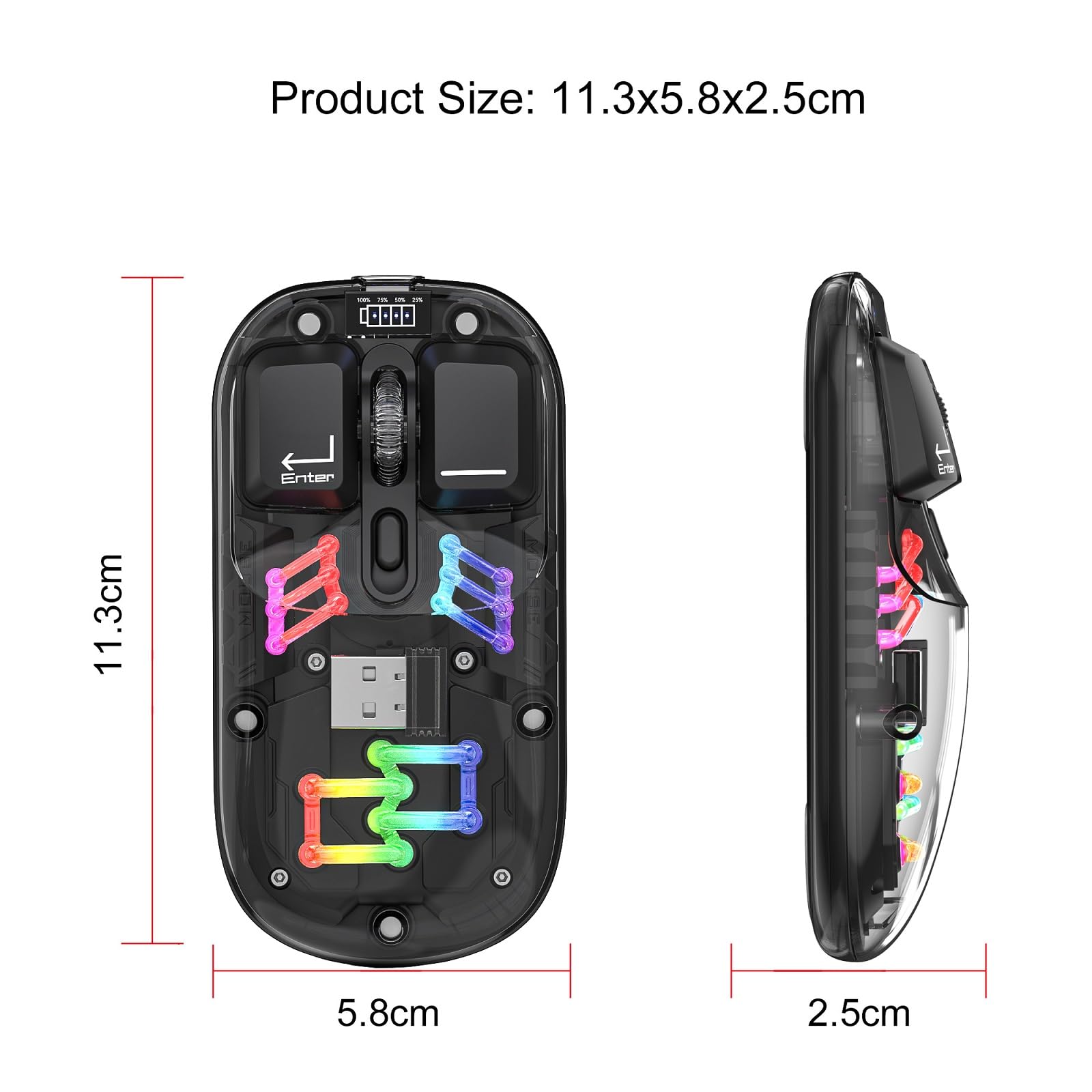 Wireless Bluetooth Mouse - Transparent BT & 2.4G Dual-Mode Gaming Mouse with Magnetic Cover, Rechargeable RGB Backlit for PC, Laptop, Mac - Perfect for Esports, Office Work & Travel (Black)