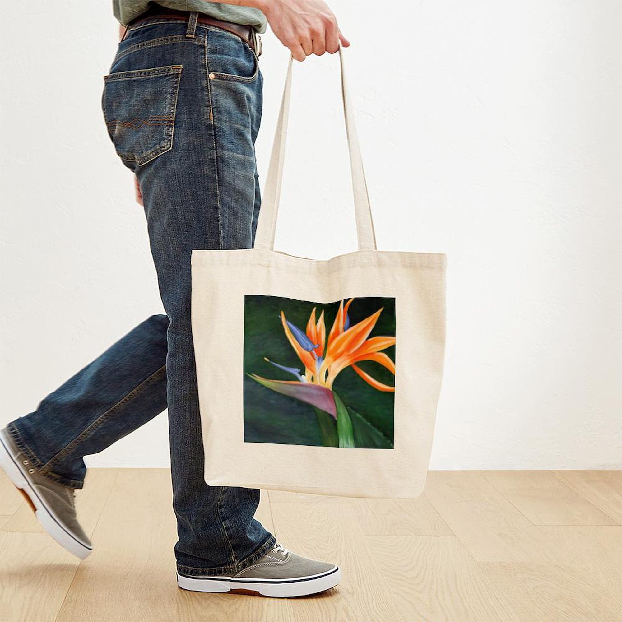 Premium Natural Canvas Tote Bag with Bird of Paradise Oil Painting Design - Eco-Friendly Reusable Shopping Bag for Groceries, Beach & Daily Use