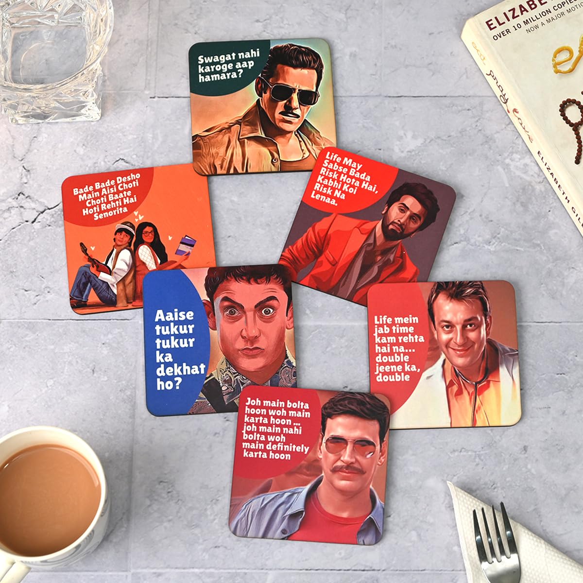 6-Piece Multi-Color Wooden Coaster Set with Stand - Eco-Friendly Square Coasters for Tea, Coffee & Glasses - Perfect for Home, Office & Restaurant Use (Bollywood Design)