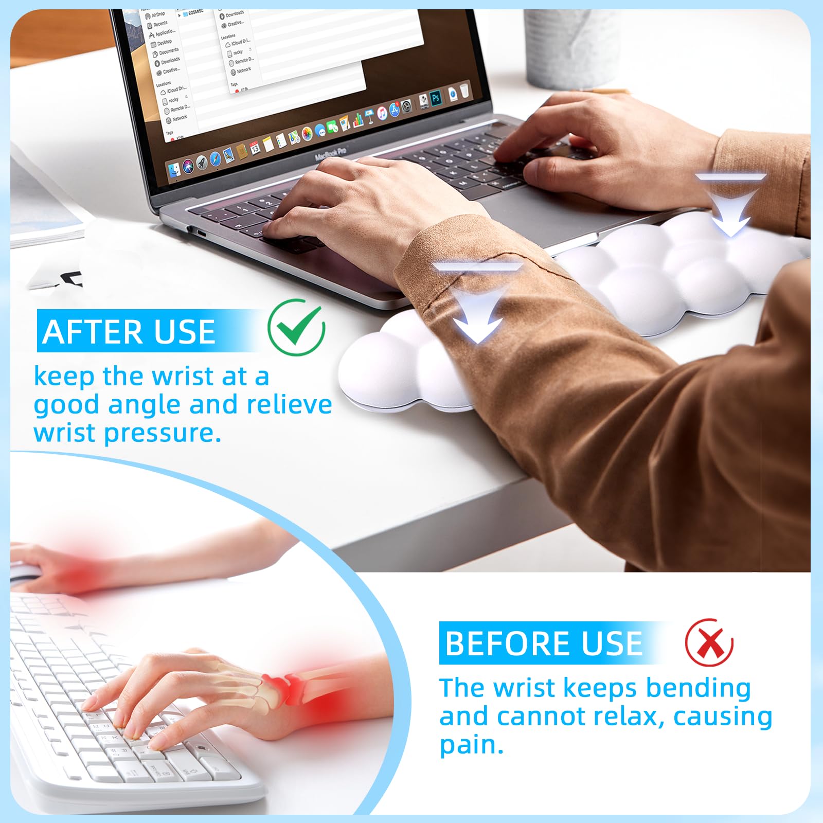Ergonomic Cloud Wrist Pad for Keyboard - Soft PU Leather Palm Rest with Memory Foam - Comfortable Office & Gaming Desk Accessory (White) - Perfect for Typing, Coding & Long Computer Work Sessions
