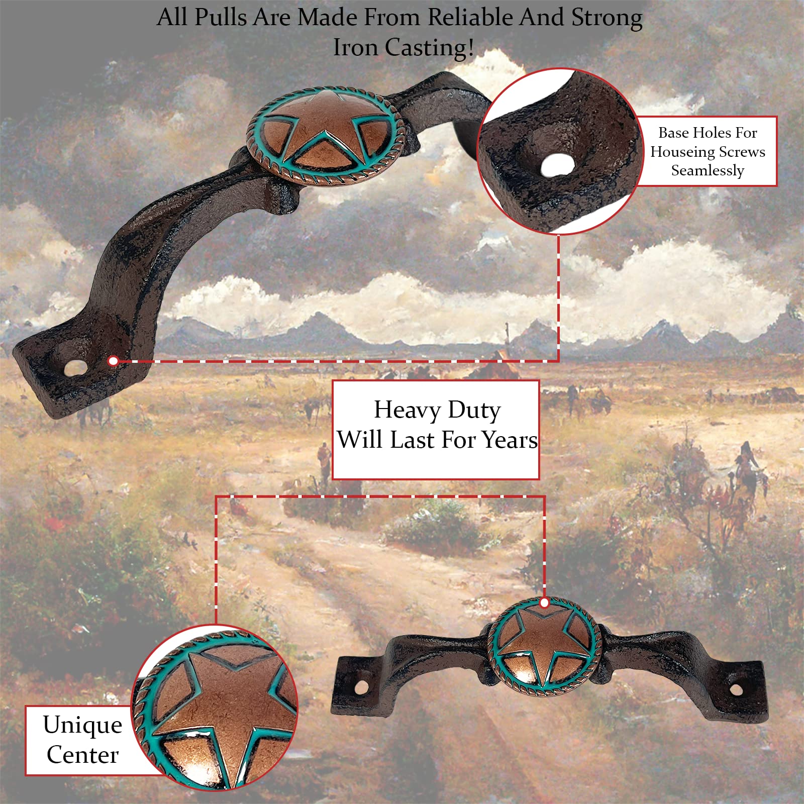 Western Style Teal & Star Cast Iron Cabinet Handles - Rustic Farmhouse Drawer Pulls with Horseshoe & Cross Design - Pack of 5 - Perfect for Kitchen Cabinets, Dressers & Country Home Decor