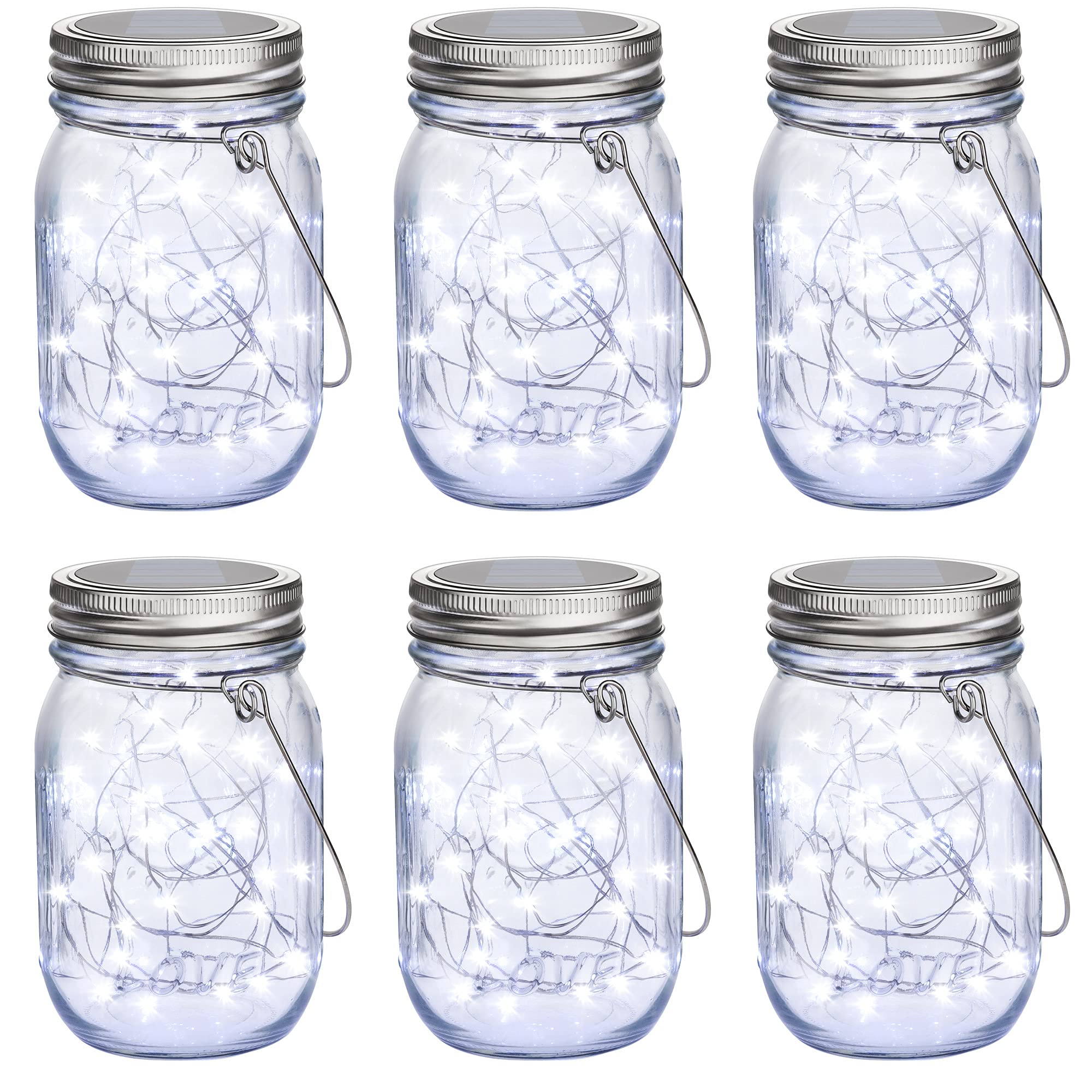Mlambert 6 Pack Solar Mason Jar Lights - 30 LED Waterproof Hanging Lanterns for Outdoor, Garden, Patio & Yard Decor | Cool White Fairy Lights for Weddings, Parties & Backyard Ambiance
