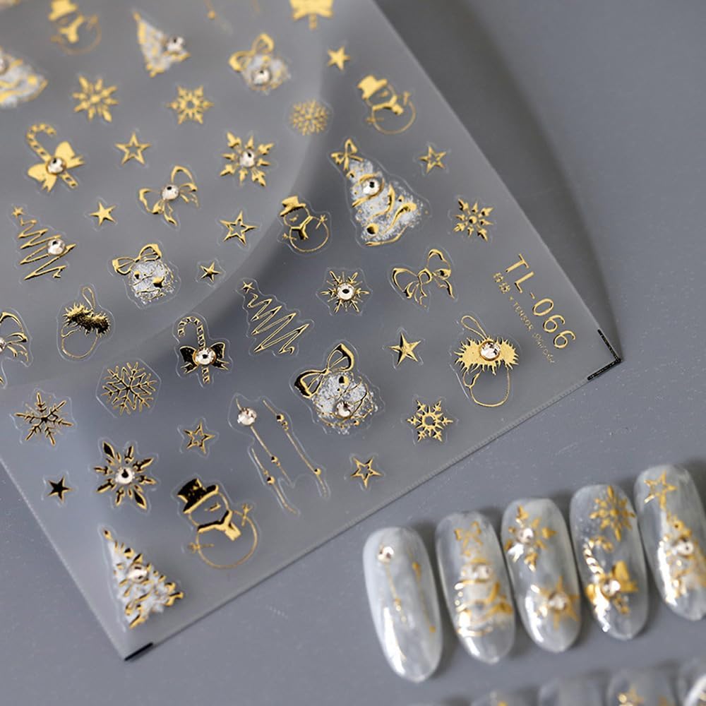 PrettyDiva 3D Christmas Nail Art Stickers - Self-Adhesive Holiday Nail Decals with Gold Charms for DIY Winter Nail Decoration | Perfect for Christmas Parties, Gift Giving & Festive Nail Art Designs