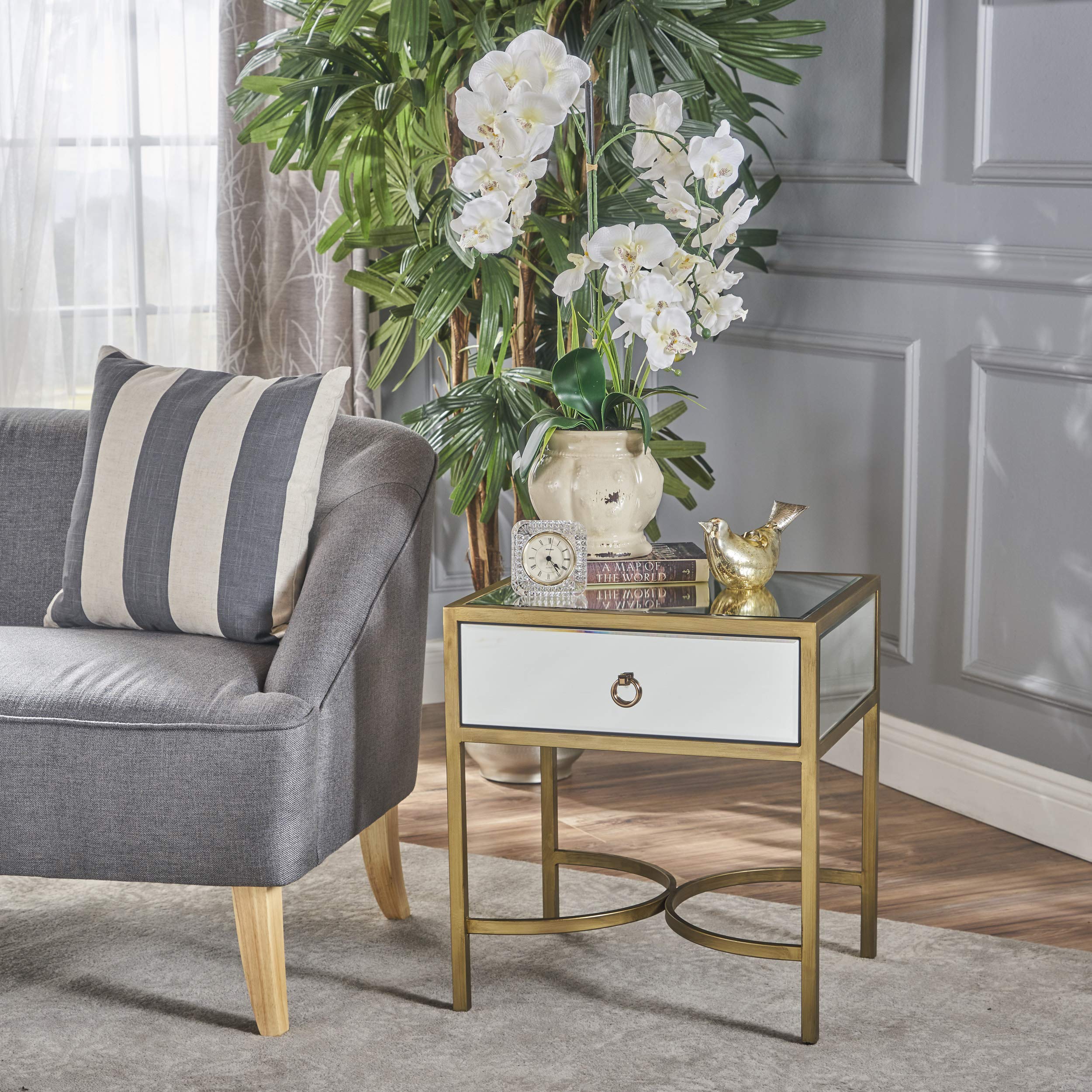 Christopher Knight Home Siryen Modern Mirror Finished Side Table with Gold Iron Accents - Clear/Gold - Perfect for Living Room, Bedroom & Entryway Decor