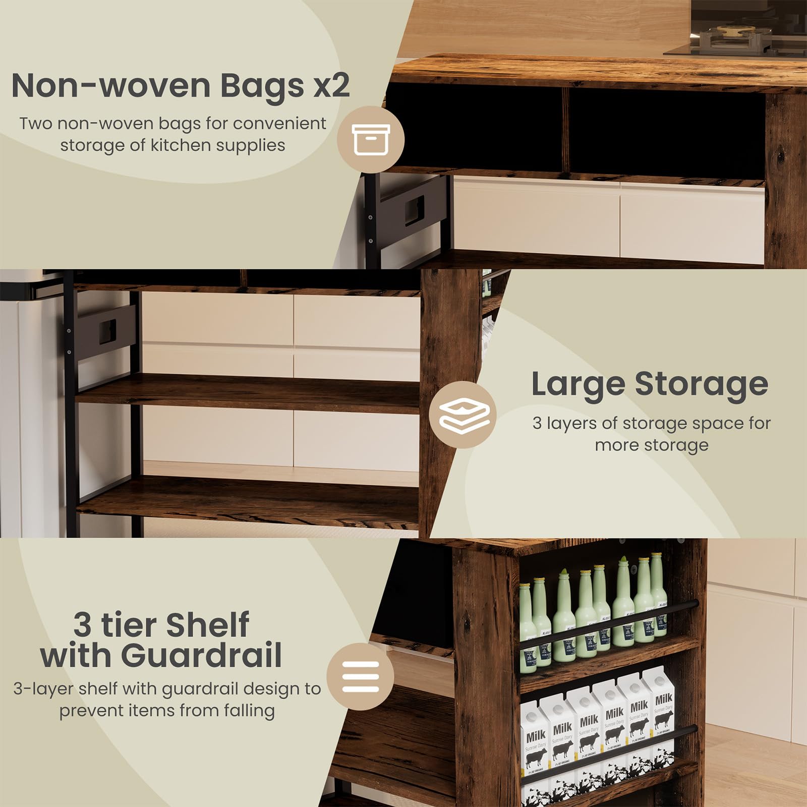 Modern Kitchen Island with Open Storage Shelves & Power Outlet - Rustic Brown Bar Table with Spice Rack | Perfect for Small Kitchens, Breakfast Nooks & Entertaining Guests