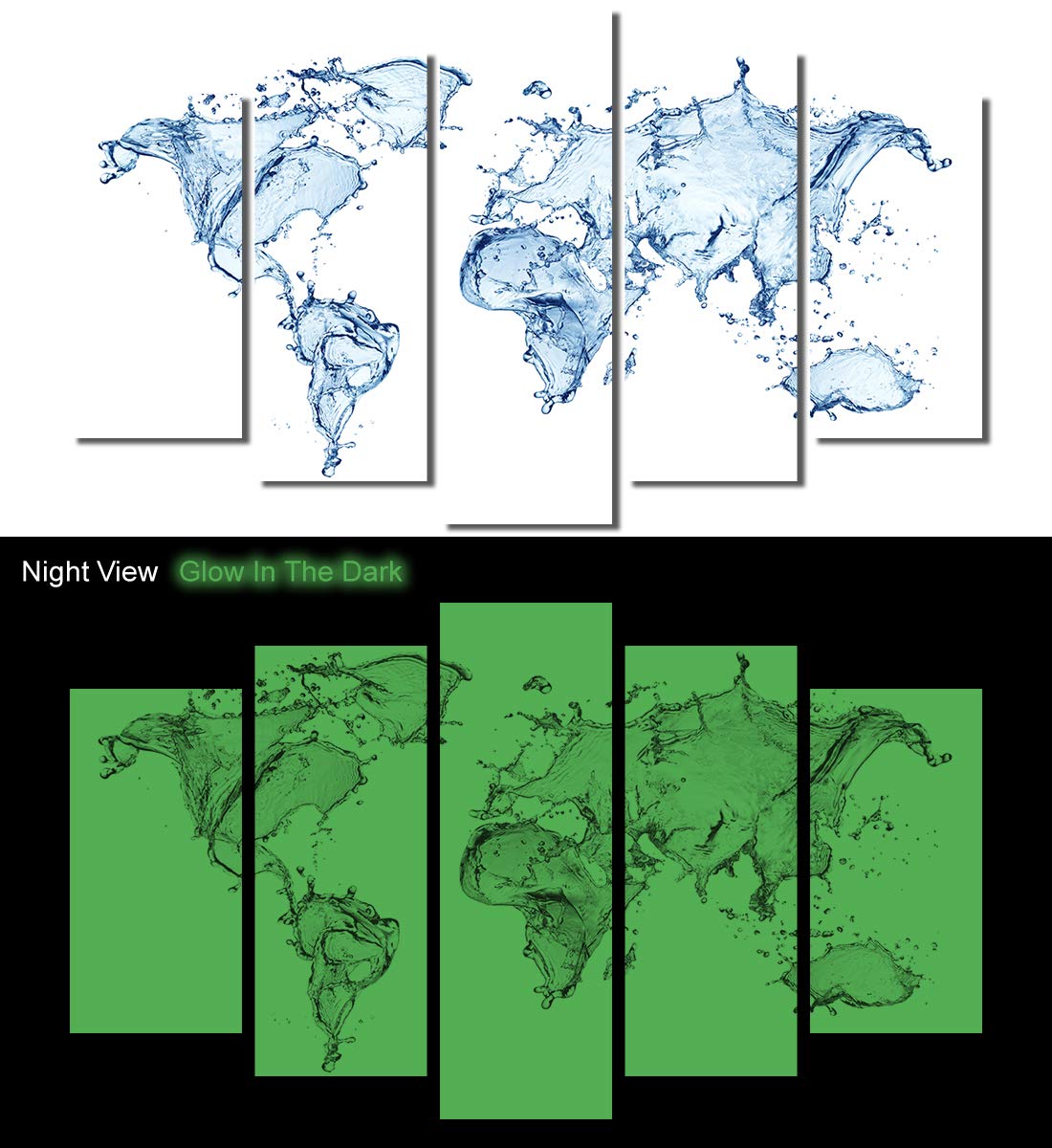 Glow in the Dark Canvas Art Print - 5-Panel Framed Water Splash World Travel Map Painting (60x36 Inch) Ready to Hang | Perfect for Bedroom, Living Room & Office Decor