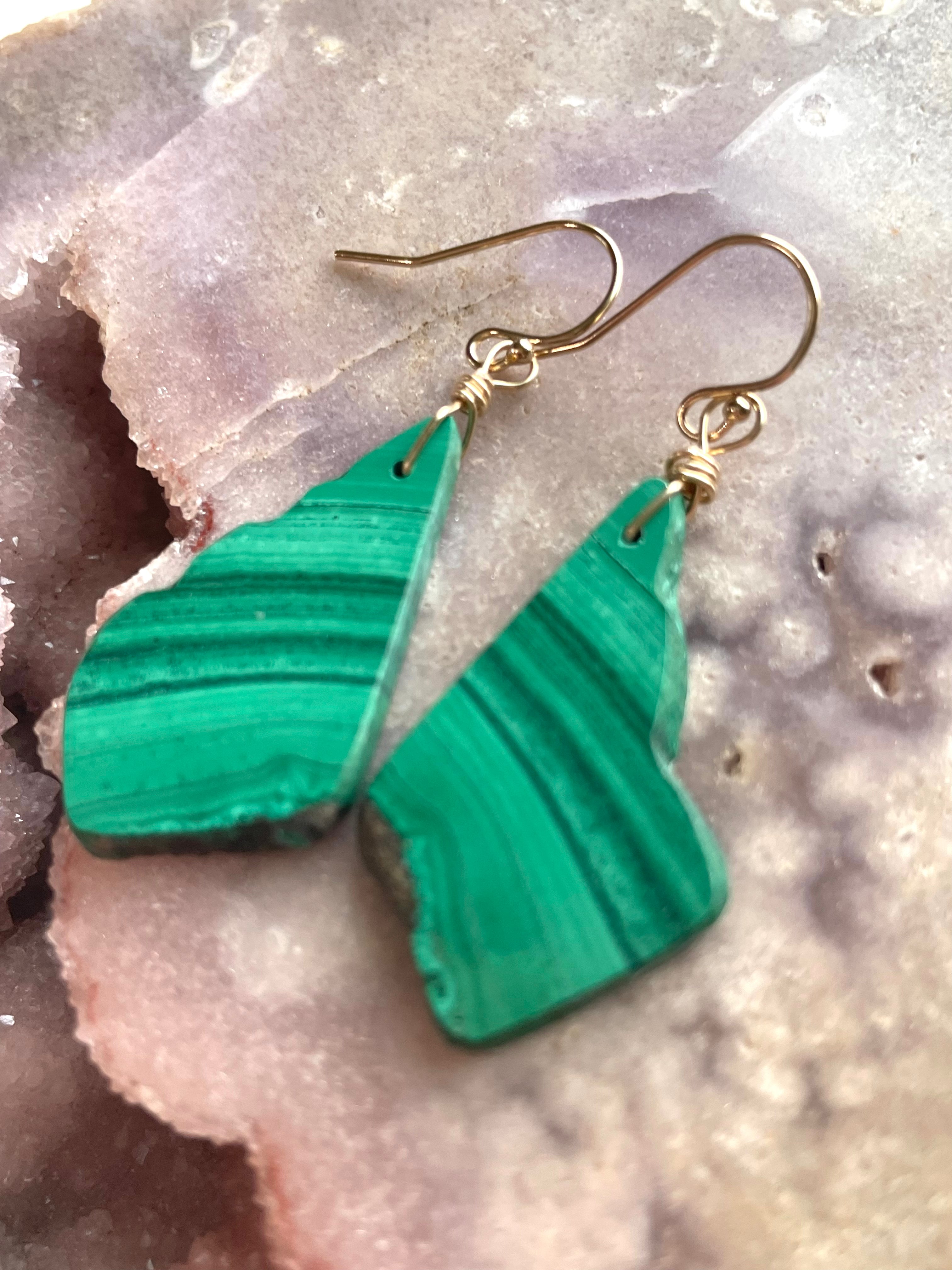 14kt Gold Filled Long Malachite Crystal Dangle Earrings - Handmade Boho Chic Jewelry for Women, Gift for Her | Perfect for Parties, Weddings & Special Occasions