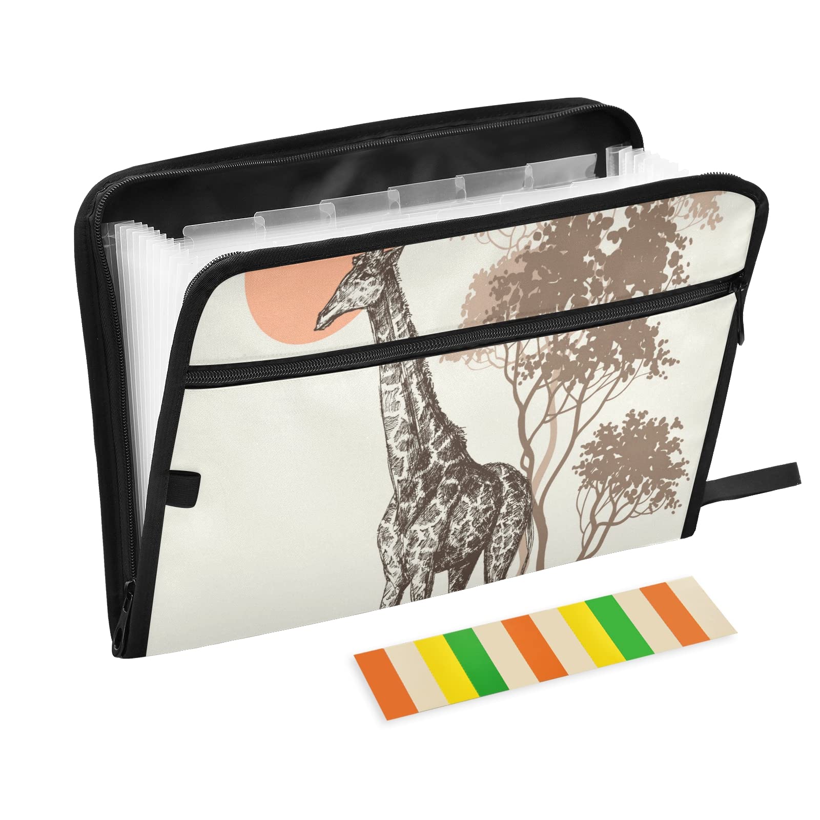 UMIRIKO 13-Pocket Expanding File Folder with Sticky Labels - Giraffe Africa Print Accordion Organizer for A4 Letter Size Documents - Zippered Closure for Secure Storage | Perfect for Office, School, Home & Travel Document Organization