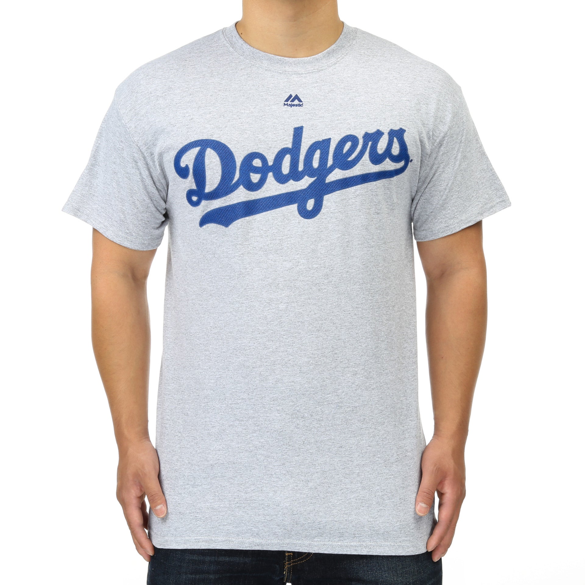 Majestic Dodgers Wordmark T-Shirt for Men - Steel Heather Baseball Jersey Tee - Perfect for Game Day, Casual Wear & Fan Apparel