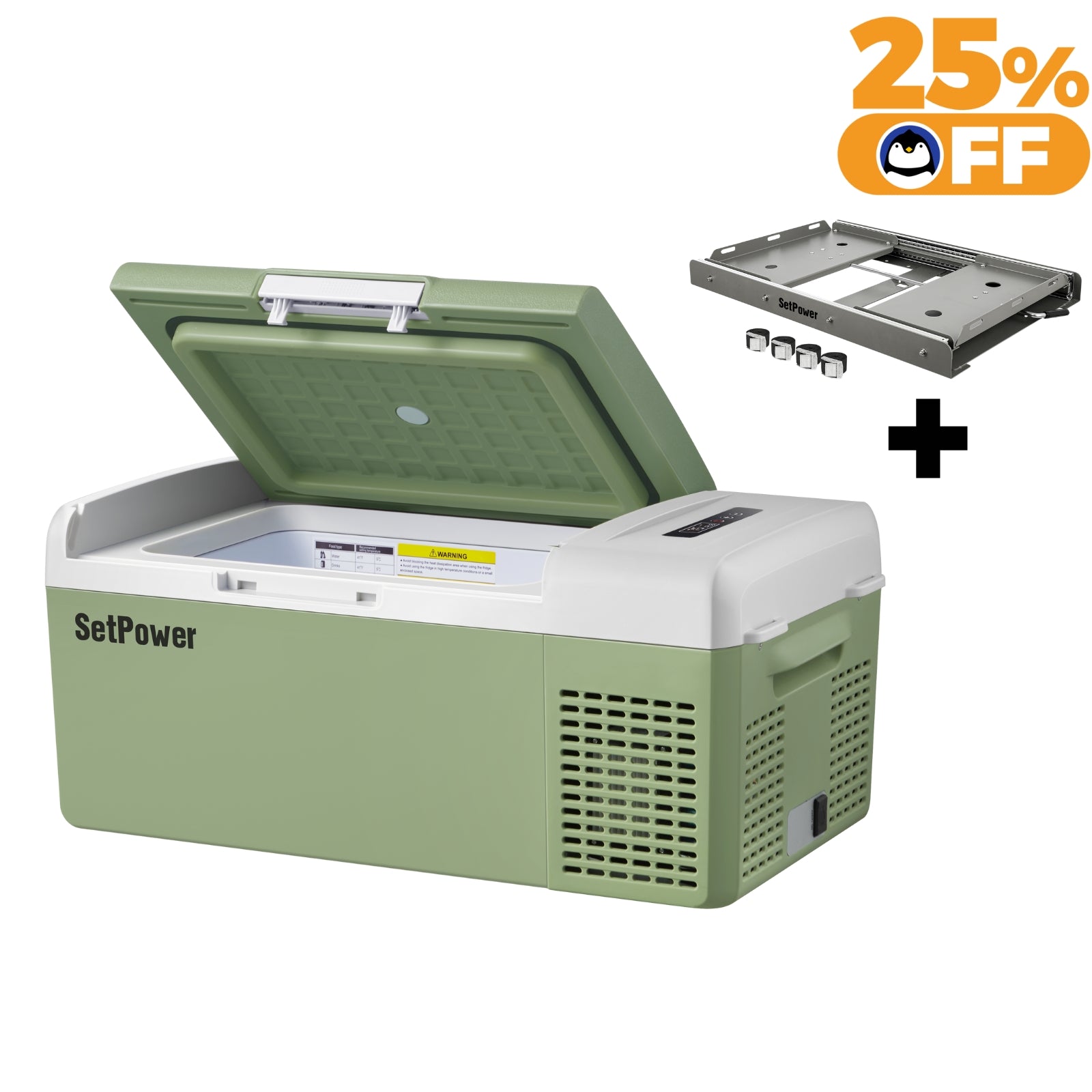 Setpower FC15 15.8Qt Portable Car Refrigerator Freezer - 12V/24V DC Electric Cooler for Vehicles, Camping & Road Trips - Energy Efficient Mini Fridge for Food, Drinks & Medicine Storage (Green)