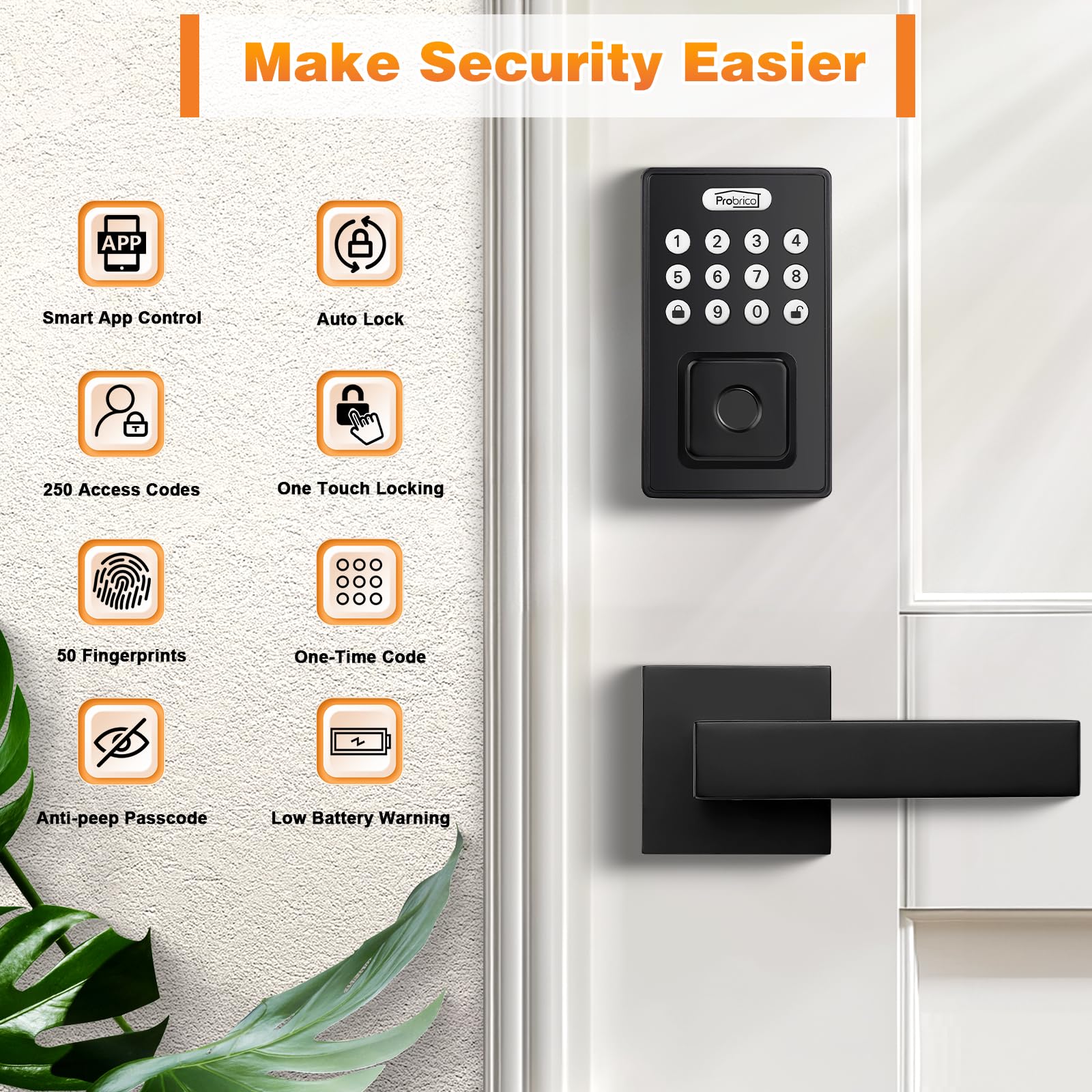 Probrico Smart Keyless Entry Door Lock with Handle - Fingerprint, Keypad & App Control for Front Door - Auto Lock & Deadbolt Security - Perfect for Homes, Apartments & Vacation Rentals