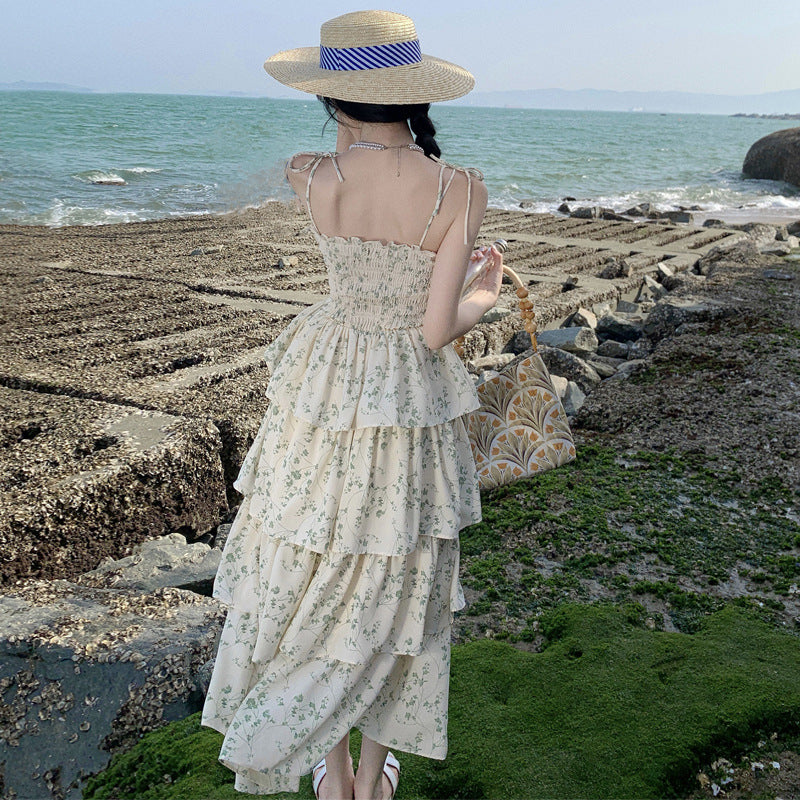 Floral Summer Dress with Ruffles - Thin Shoulder Strap Midi Skirt for Women - Perfect for Beach Vacations, Garden Parties & Date Nights