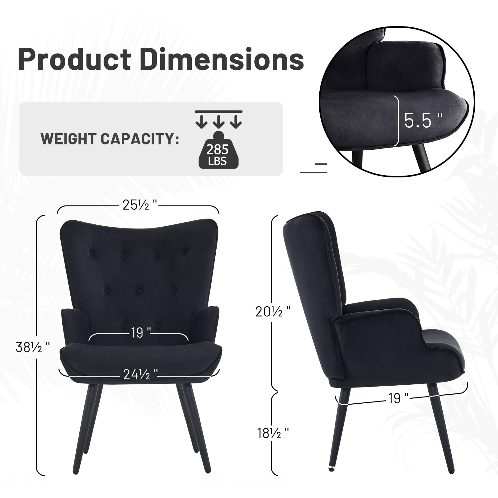 Furniliving Velvet Accent Chair - Modern Upholstered Side Armchair with Tapered Legs & Tufted Button Wingback Design - Tall Back Reading Chair for Living Room, Bedroom, Office Waiting Area - Perfect for Relaxing, Reading & Home Decor - Black