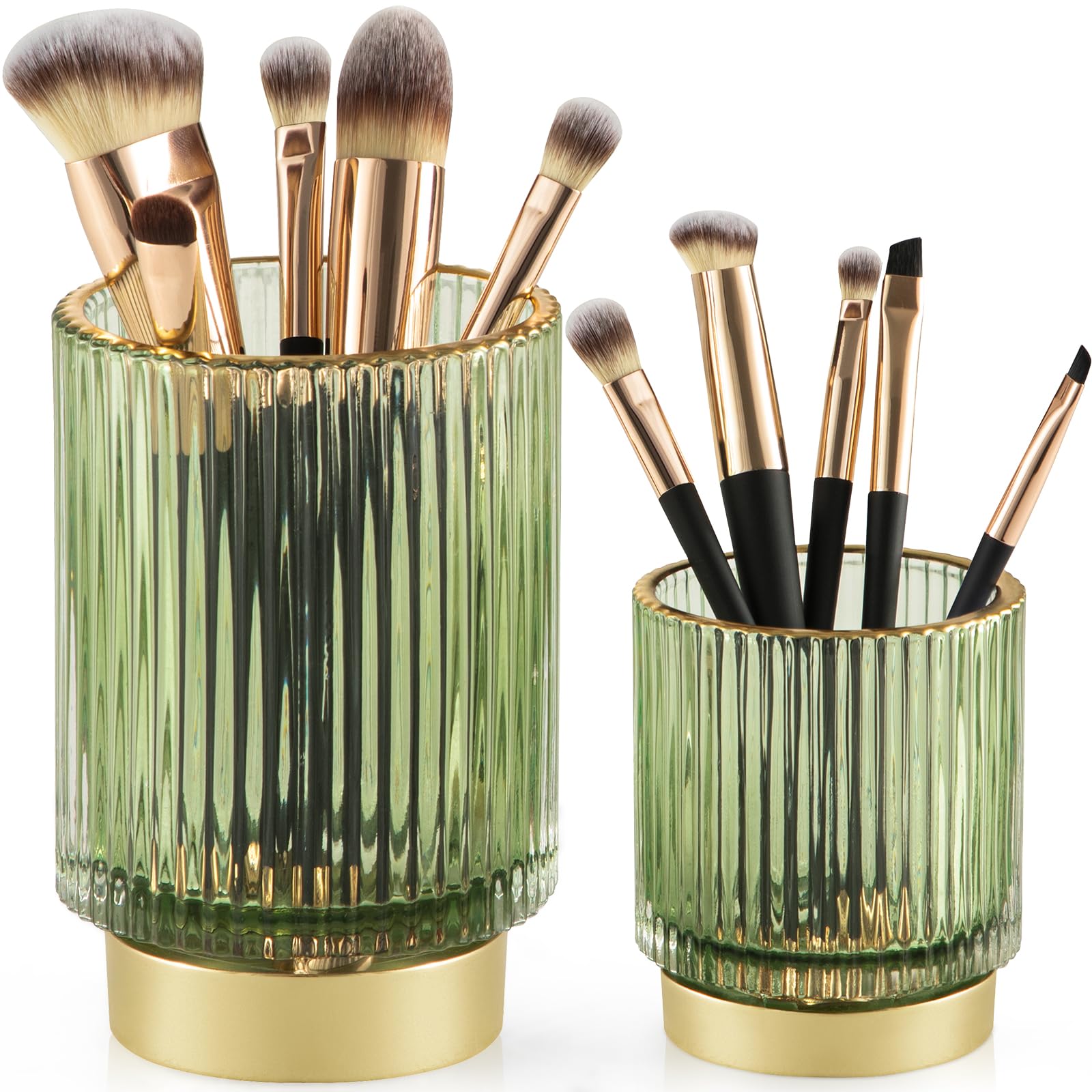 CANITORON 2 Pack Glass Makeup Brush Holder & Organizer - Cosmetic Brush, Paint Brush, Pen, Pencil Storage Cup for Bathroom Counter, Dresser, Vanity Table - Perfect for Makeup Artists & Home Organization (Green, Small+Large)