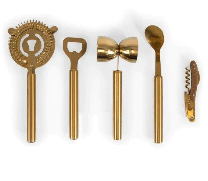 Premium Acacia Wood 5-Piece Bar Tool Set - Cocktail Shaker, Jigger, Muddler, Strainer & Spoon - Perfect for Home Bars, Cocktail Parties & Professional Bartenders