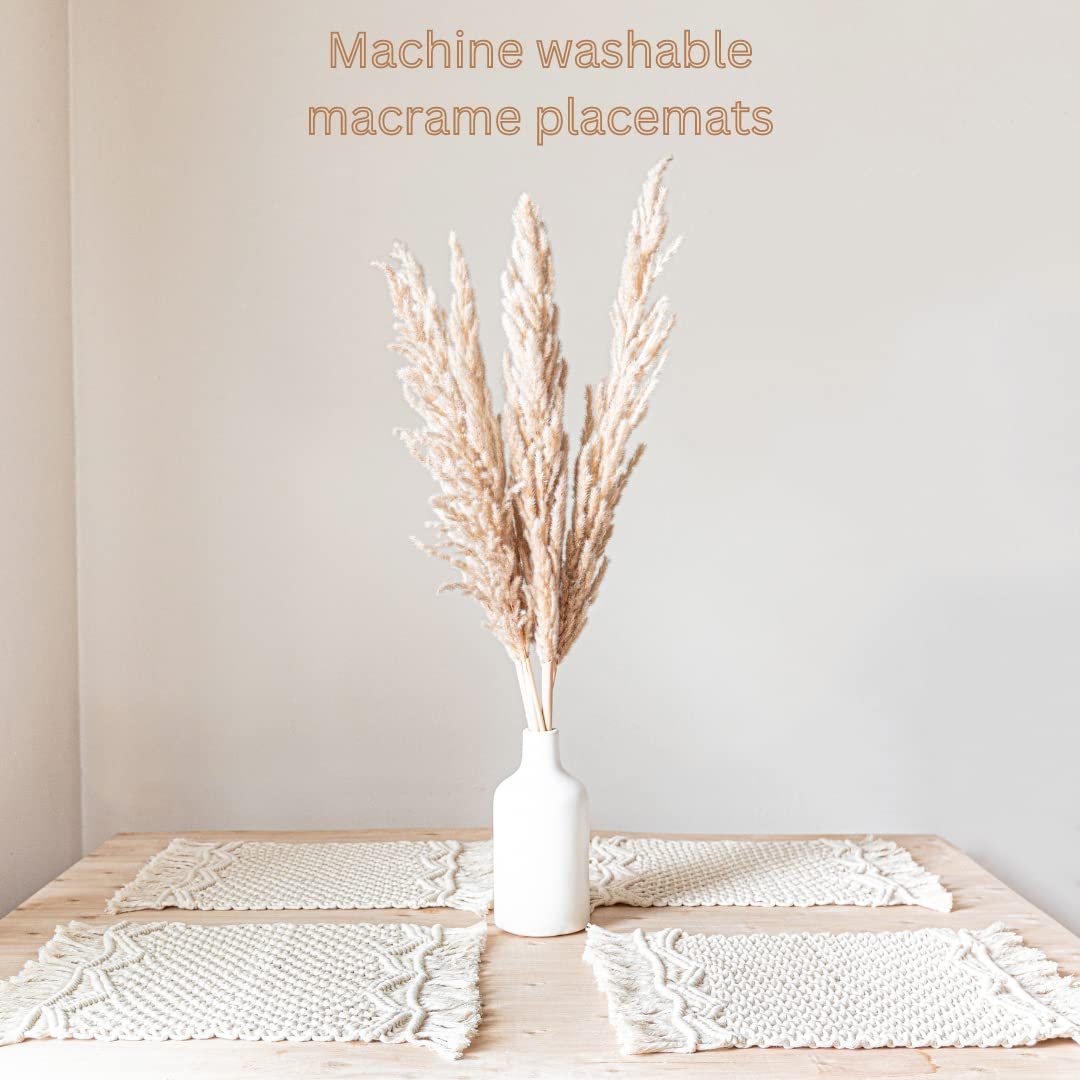 SnugLife Macrame Placemats Set of 6 - Handmade Cotton Woven Boho Placemats - Modern Farmhouse Fringe Table Mats for Dining, Kitchen, Wedding Décor - 12”x20” Natural Off White - Perfect for Bohemian, Rustic & Coastal Home Decor