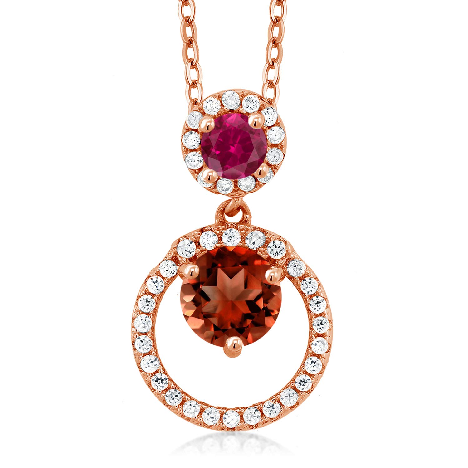 1.85 Ct Round Red Garnet & Created Ruby Pendant in 18K Rose Gold Plated Silver | Gem Stone King | Elegant Jewelry Gift for Women, Birthday, Anniversary & Special Occasions