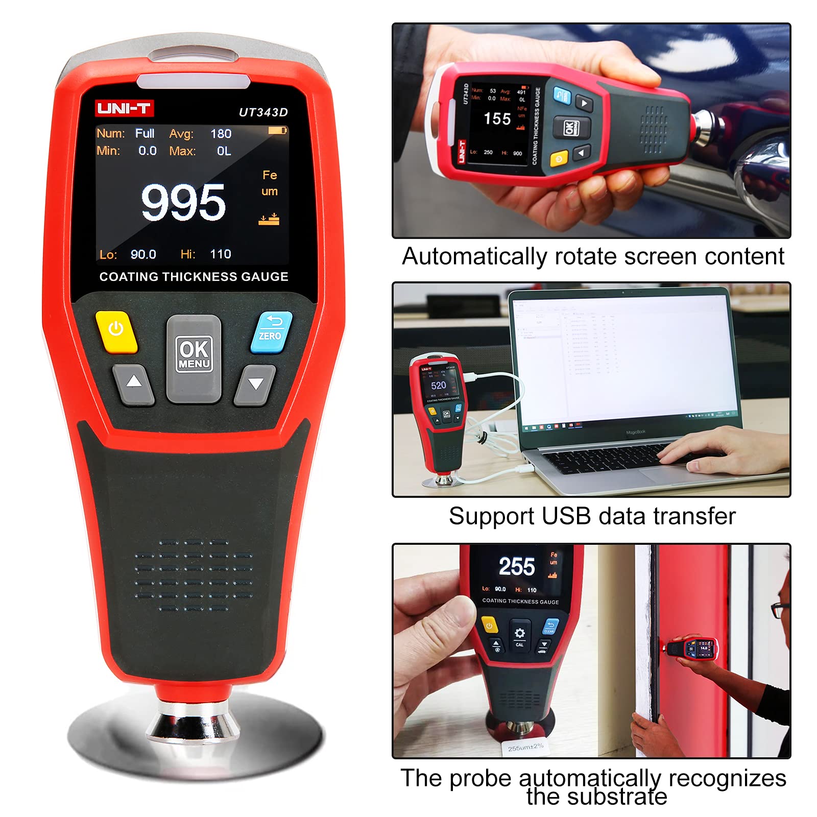 UT343D Digital Coating Thickness Gauge 0.1 Micron to 1250μm - Automotive Paint & Film Thickness Tester for Car, Truck, Metal Surface Inspection | Perfect for Auto Body Shops, Quality Control & Industrial Applications