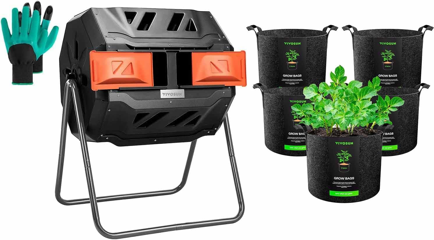 VIVOSUN Dual Rotating Compost Bin - 43 Gallon Outdoor Tumbling Composter with 5-Pack 5 Gallon Grow Bags for Organic Gardening & Backyard Waste Recycling