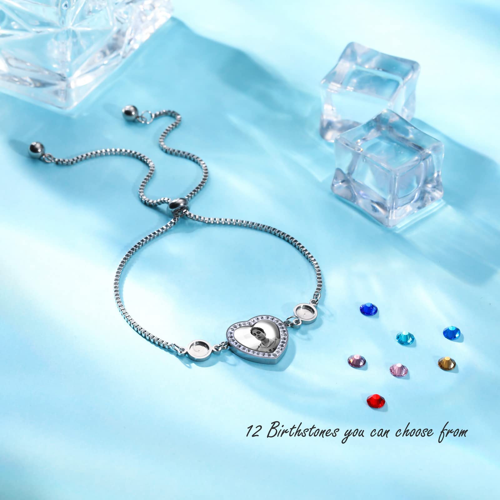 Custom Photo Charm Bracelet with Name & Birthstone - Personalized Adjustable Stainless Steel Jewelry in Silver/Gold/Rose Gold | Thoughtful Graduation Gifts for Women, Best Friend, Mom, Sister | Perfect for Birthdays, Anniversaries & Special Occasions