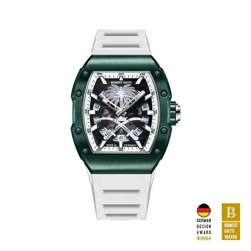 BONEST GATTI Men's Luxury Automatic Watch - German Mechanical Wristwatch with Luminous Coconut Tree Dial, Waterproof & Viton Strap - Perfect for Business, Formal Events & Everyday Wear