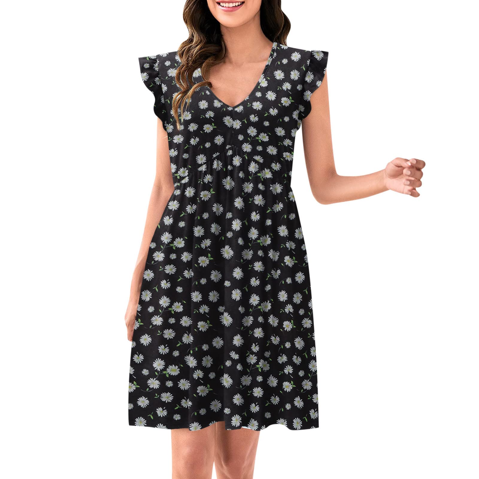Women's Summer Casual Loose Ruffle Sleeve V-Neck Pocket Dress - Sexy Fashion Flowy Shirt Dress for Beach, Party & Everyday Wear
