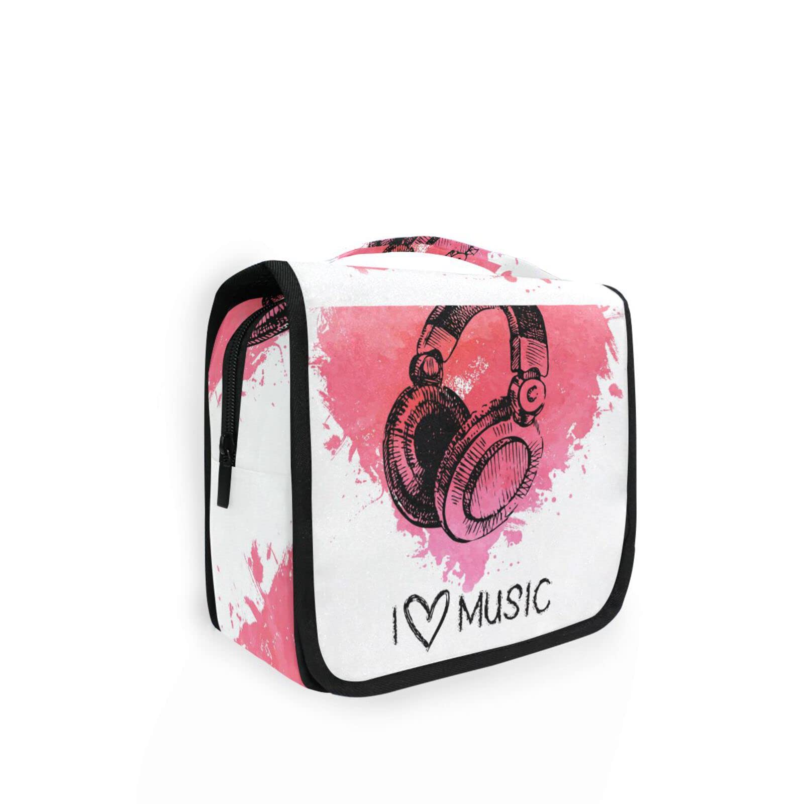 Portable Hanging Sketch Music Headphones Watercolor Heart Toiletry Bag - Travel Cosmetic Makeup Organizer Case for Women & Girls | Perfect for Travel, Gym, School & Daily Use