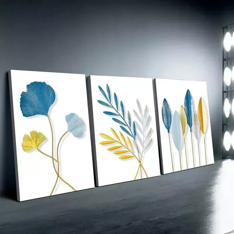 3-Piece Blue and Gold Leaf Canvas Wall Art Set - 50x70cm Framed Canvas Prints - High Quality Australian Made - Ready to Hang - Perfect for Living Room, Bedroom & Office Decor