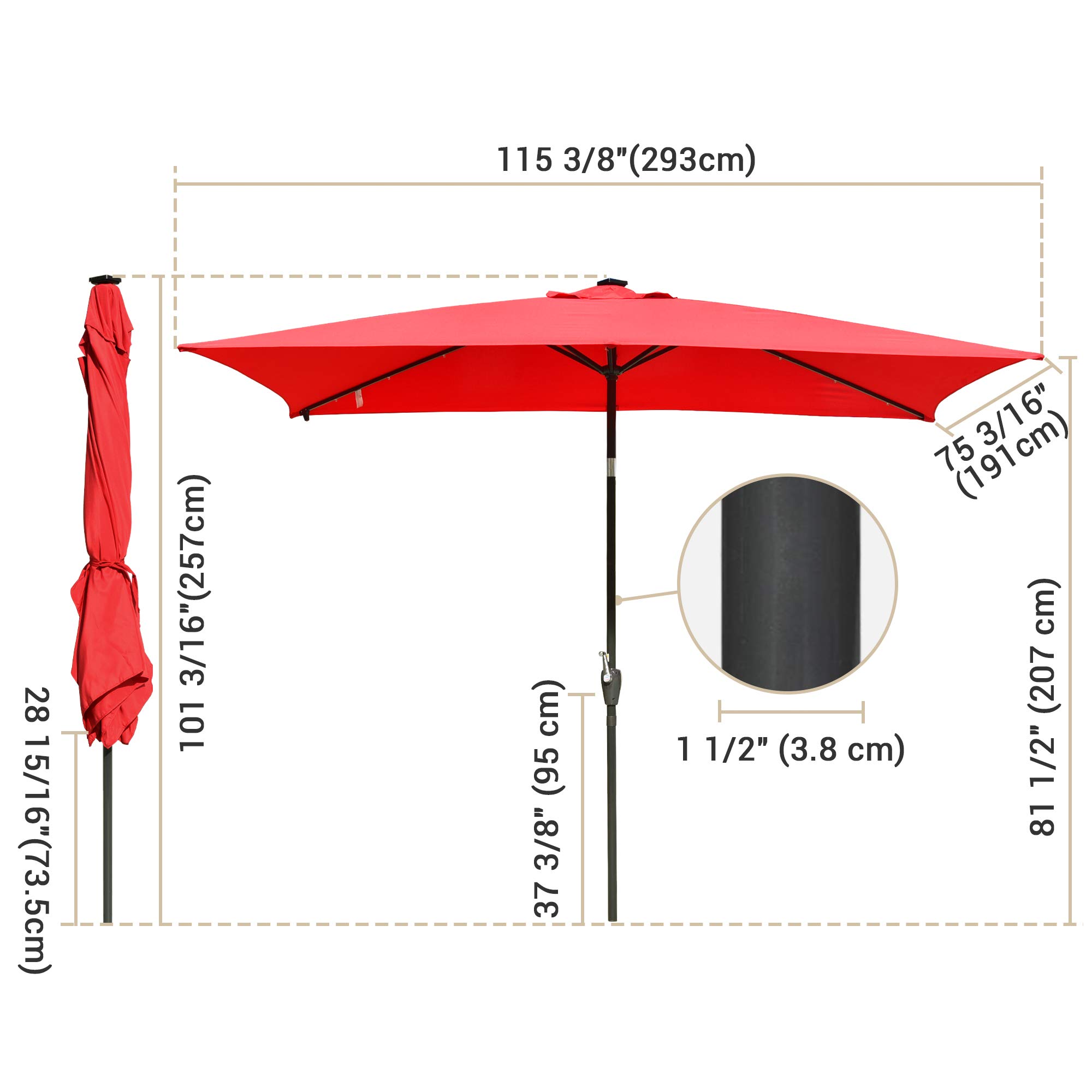 Yescom 10x6.5ft Red Outdoor Patio Umbrella with Solar LED Lights - Crank & Tilt Aluminum Market Umbrella for Beach, Poolside, Garden & Backyard Relaxation