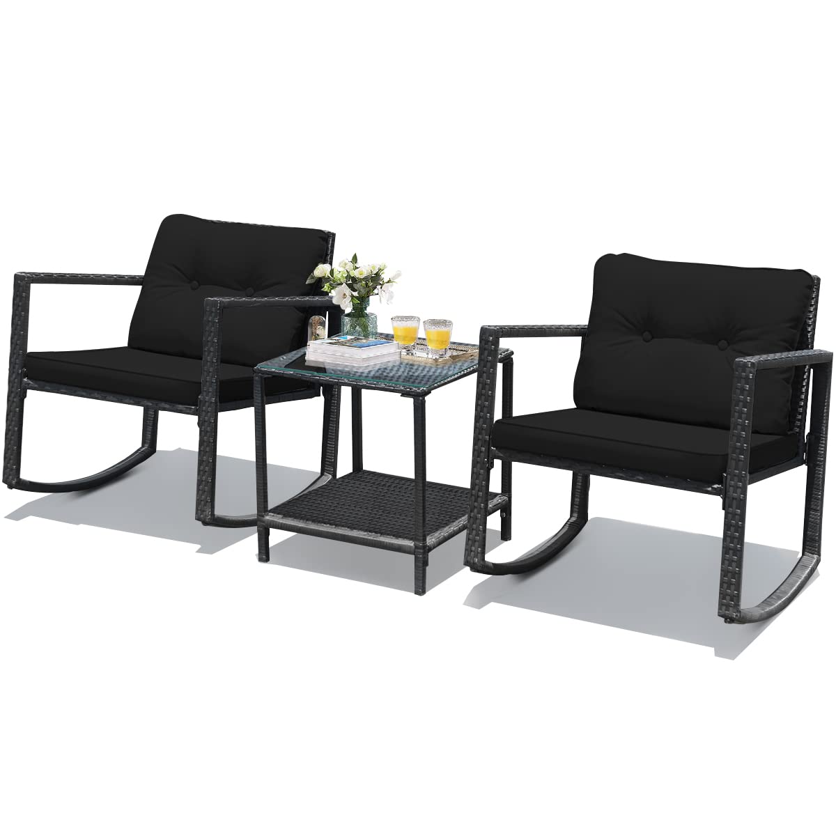 HAPPYGRILL 3-Piece Rocking Bistro Set - Outdoor Patio Conversation Furniture with Rattan Wicker Rocking Chairs & Coffee Table - Garden, Lawn, Backyard, Balcony Decor for Relaxing & Entertaining Guests