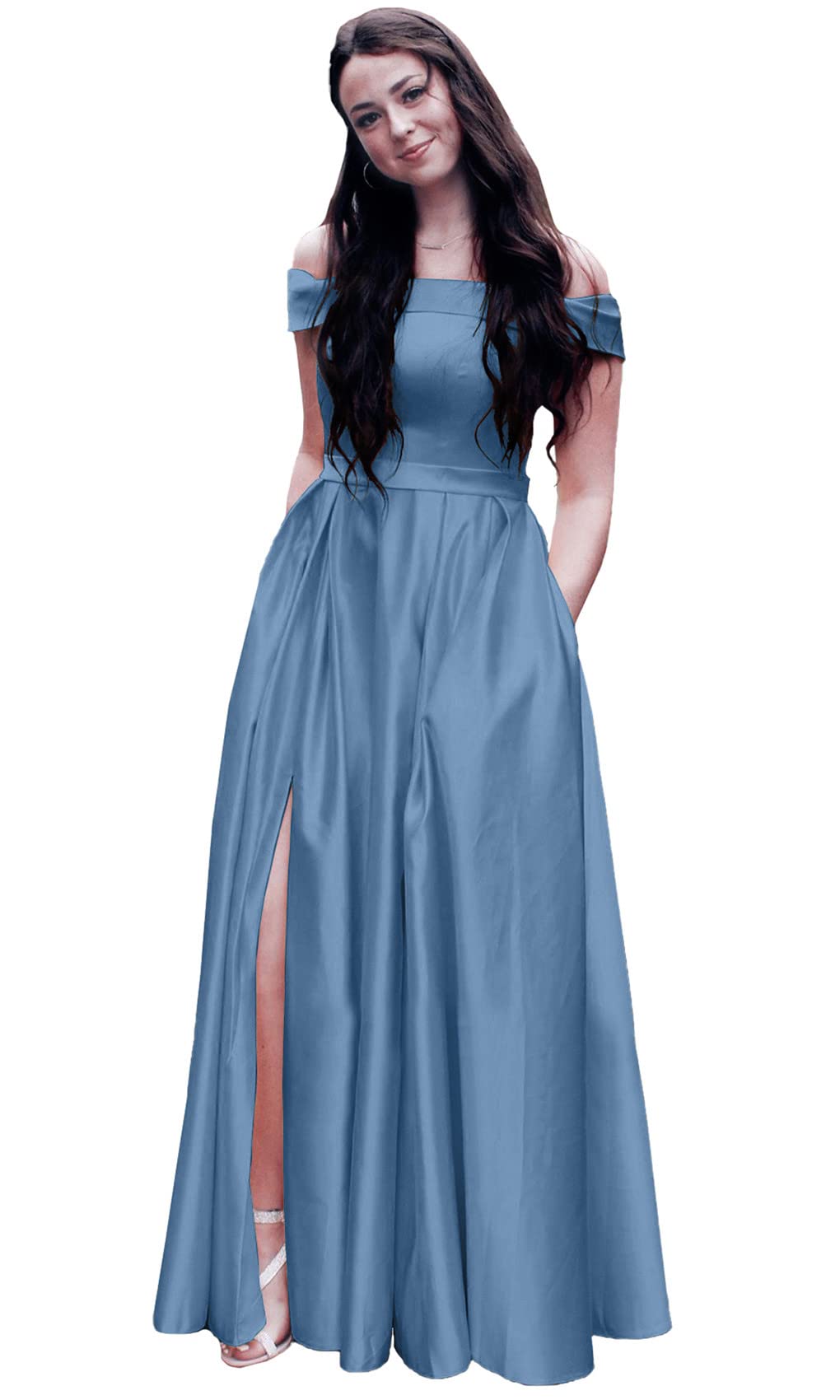 ANGELWARDROBE Women's Prom Dresses Long Off Shoulder Formal Evening Gowns Satin A-Line Party Dress with Slit Pockets - Perfect for Homecoming, Wedding Guest & Black Tie Events