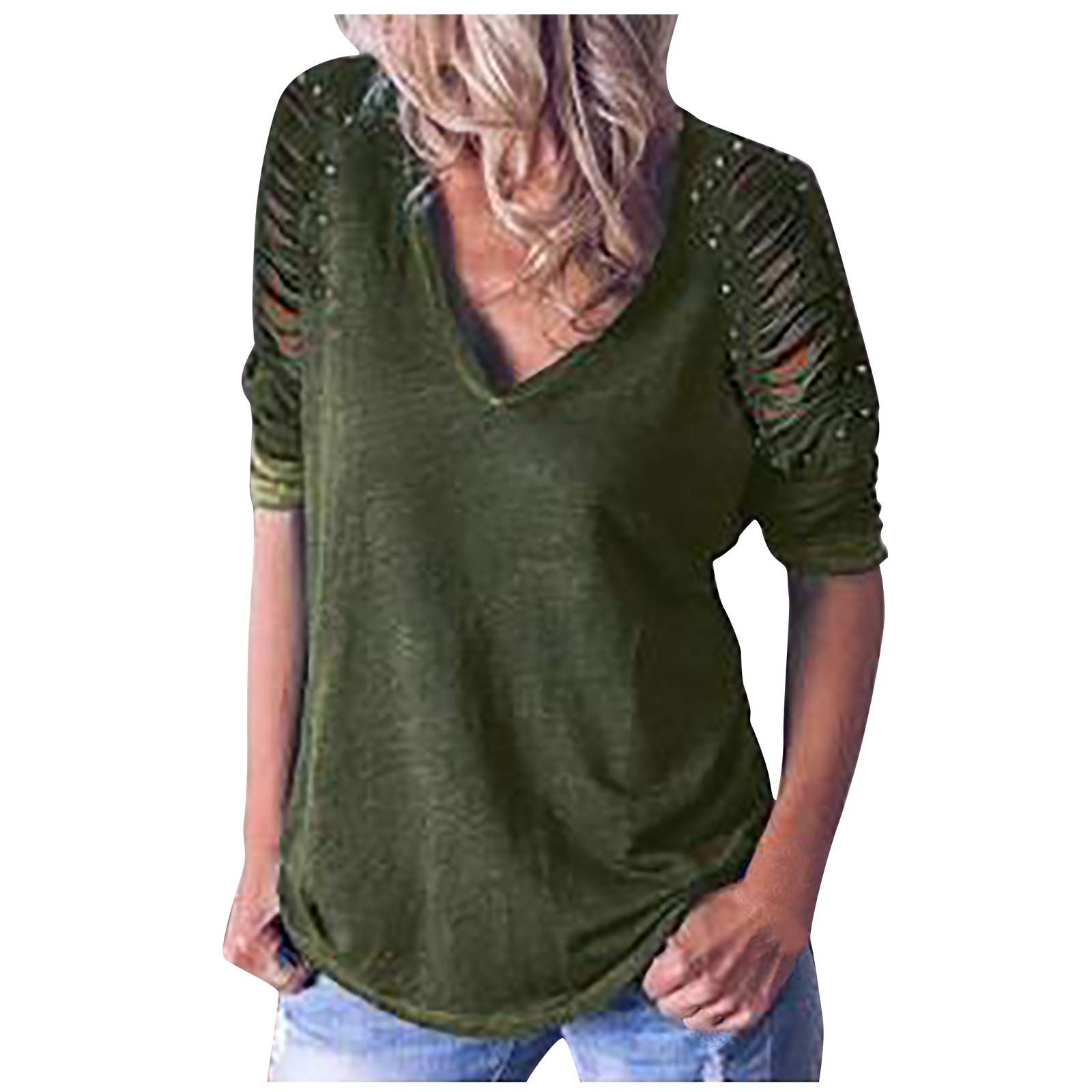 Oversized Graphic T-Shirt for Women - Casual V-Neck Long Sleeve Hollow Out Blouse - Fashionable Loose Fit Top (Green, Size L) - Perfect for Streetwear, Layering & Everyday Comfort