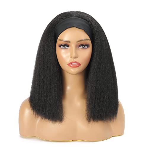 14inch Kinky Straight Headband Wig for Black Women - 180% Density Glueless Synthetic Yaki Straight Wig with No Lace Front | Perfect for Daily Wear, Cosplay & Protective Styling