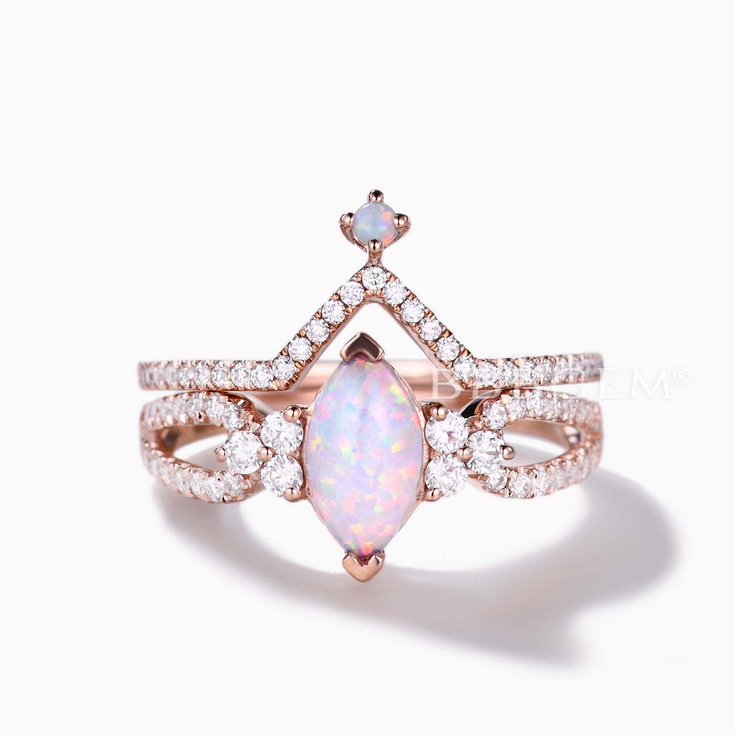 Vintage Marquise Opal Engagement Ring Set - 14K Rose Gold Curved V Moissanite Wedding Band for Women, Unique Vintage Style Jewelry Gift for Brides, Anniversaries & Special Occasions