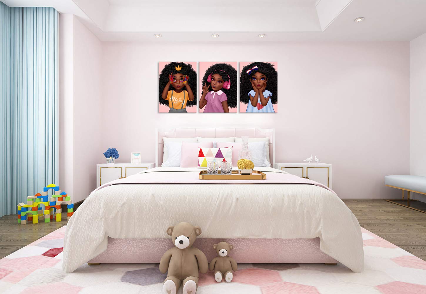 African American Wall Art Canvas - 3 Panels Framed Black Girl Decor for Bedroom & Living Room